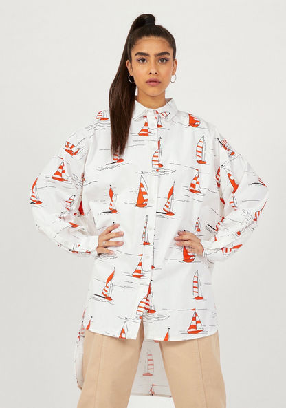 Lee Cooper Printed Oxford Shirt with High Low Hem and Long Sleeves-Shirts & Blouses-image-0