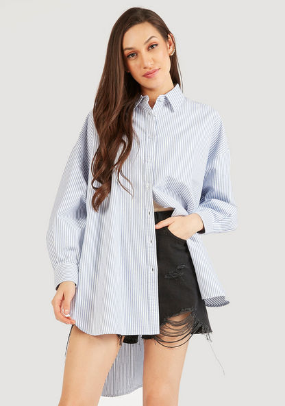 Lee Cooper Striped High Low Shirt with Button Closure and Long Sleeves-Shirts & Blouses-image-1