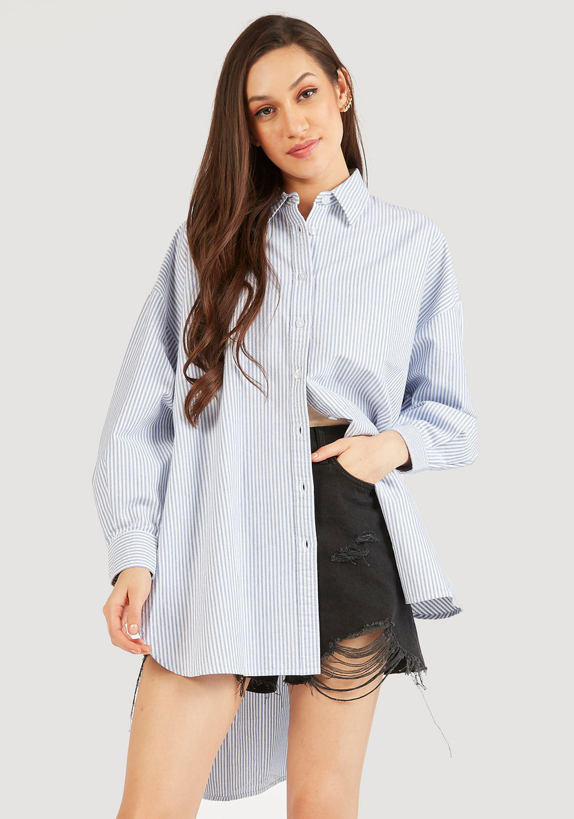 Lee Cooper Striped High Low Shirt with Button Closure and Long Sleeves-Shirts and Blouses-image-1