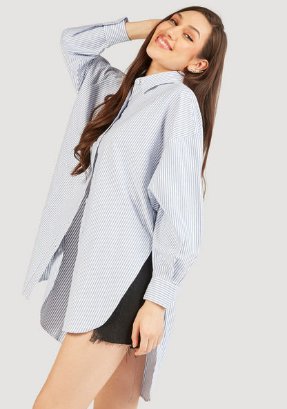 Lee Cooper Striped High Low Shirt with Button Closure and Long Sleeves-Shirts & Blouses-image-2