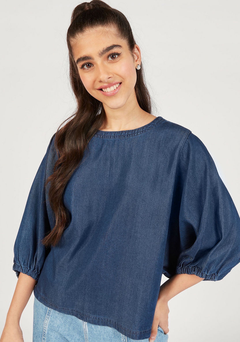 Lee Cooper Solid Round Neck Top with 3/4 Sleeves and Zip Closure-Shirts & Blouses-image-2