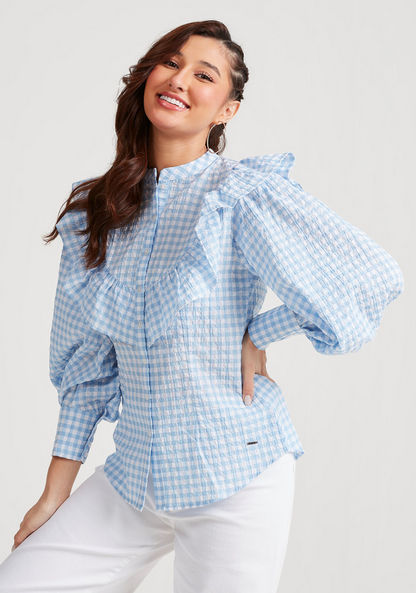 Lee Cooper Checked Top with Long Sleeves and Ruffle Detail-Shirts & Blouses-image-0