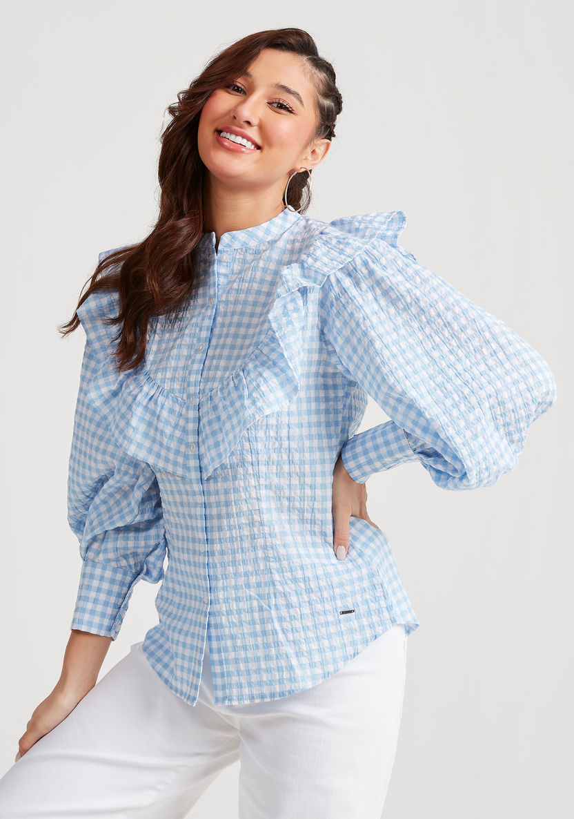 Lee Cooper Checked Top with Long Sleeves and Ruffle Detail-Shirts and Blouses-image-0