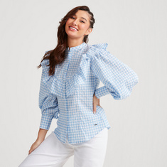 Lee Cooper Checked Top with Long Sleeves and Ruffle Detail