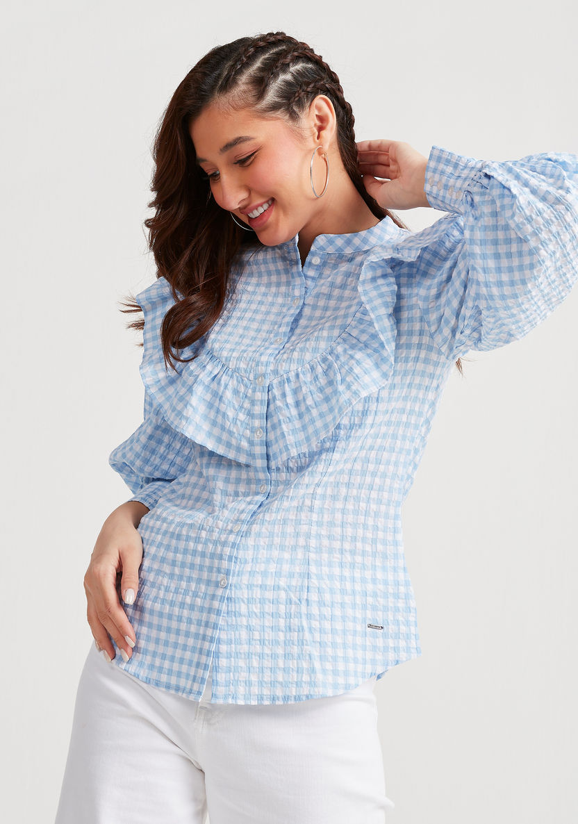 Lee Cooper Checked Top with Long Sleeves and Ruffle Detail-Shirts and Blouses-image-5