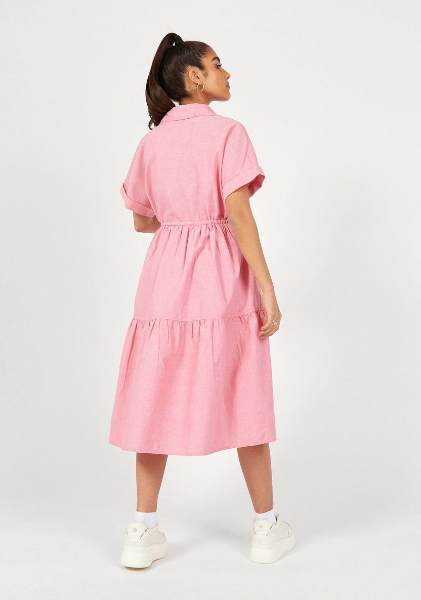 Lee Cooper Solid Tiered Midi Dress with Button Closure and Waist Tie-Ups-Dresses-image-2