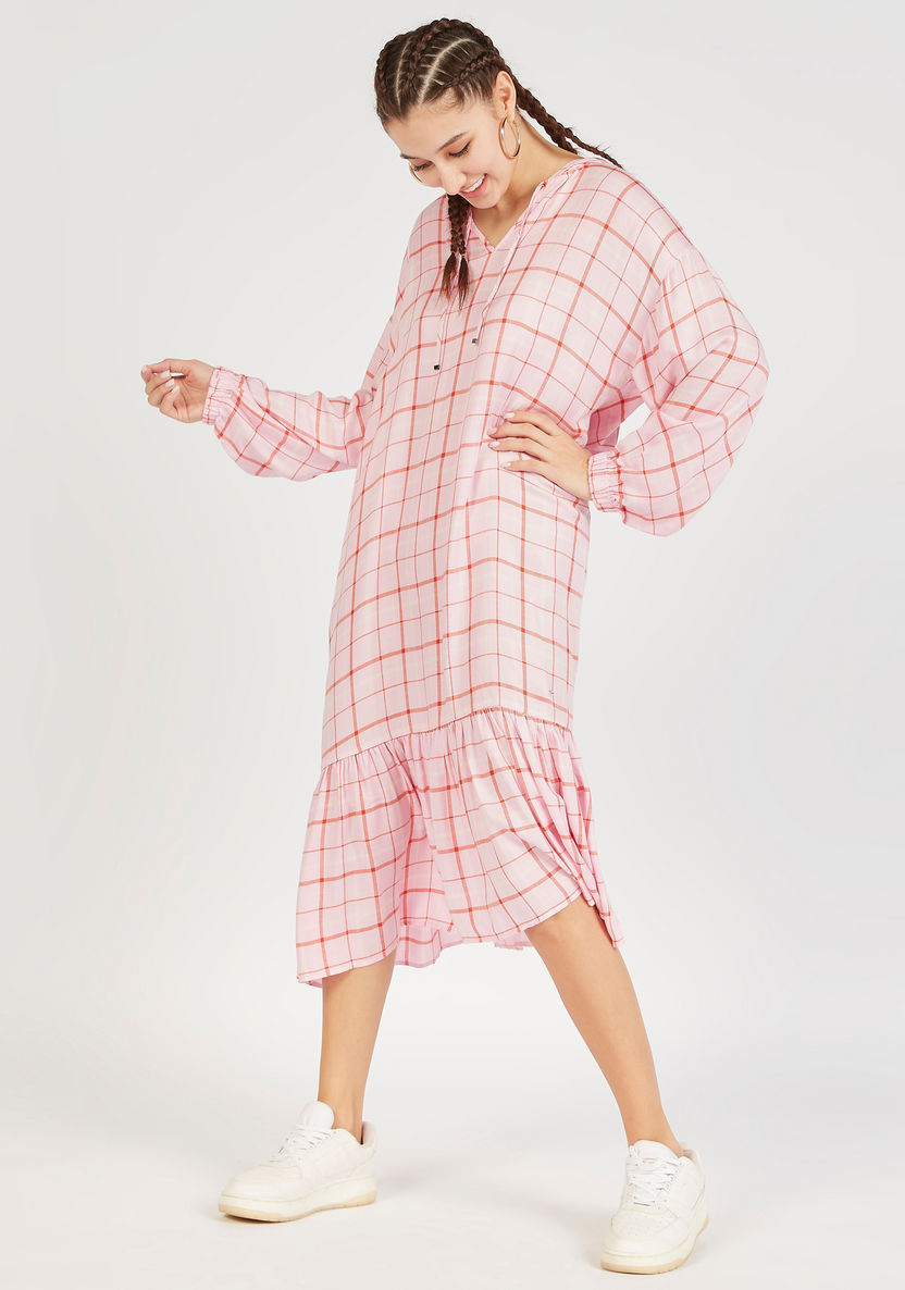 Lee Cooper Checked Midi Dress with Hood and Long Sleeves-Dresses-image-0