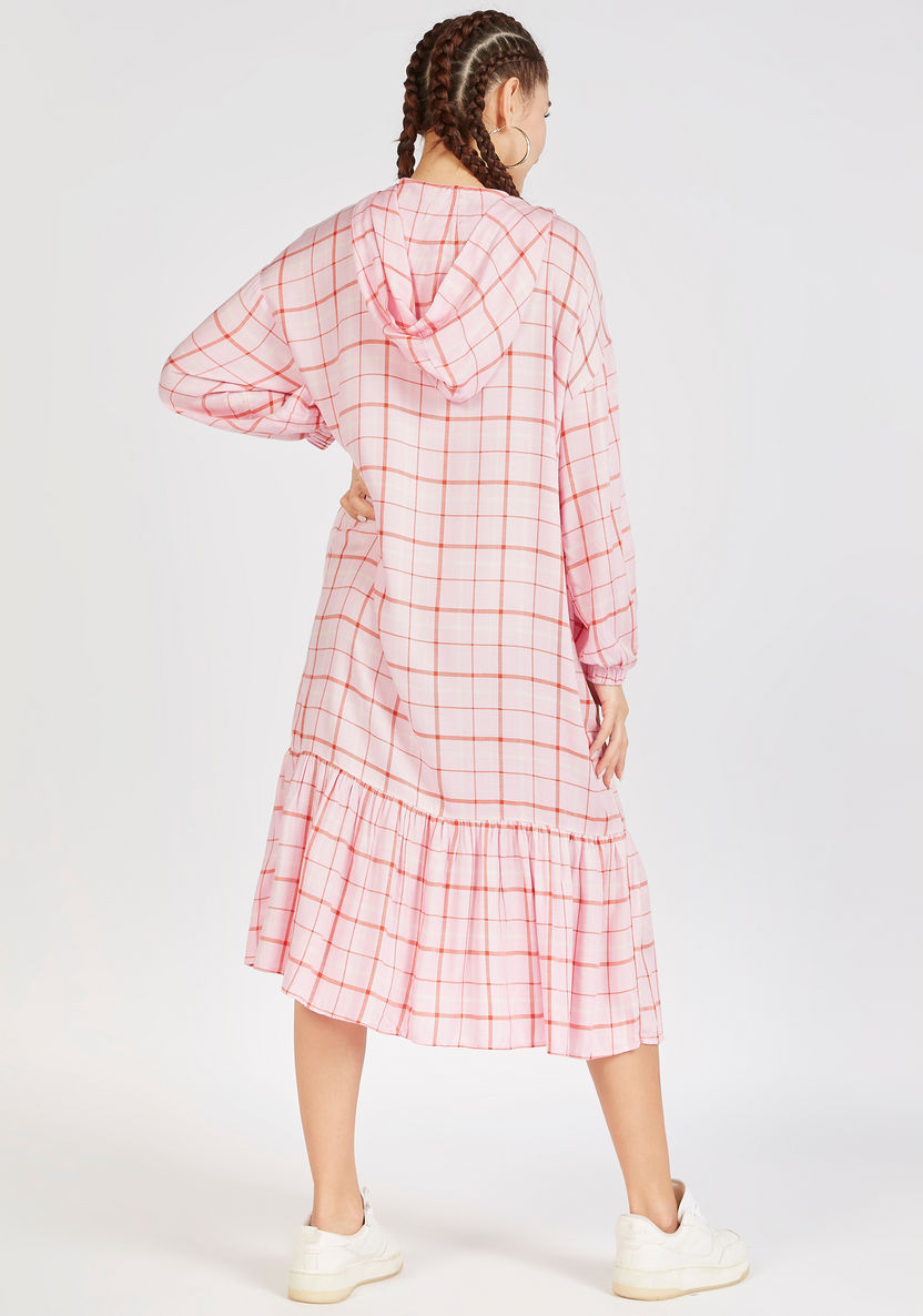 Lee Cooper Checked Midi Dress with Hood and Long Sleeves-Dresses-image-3