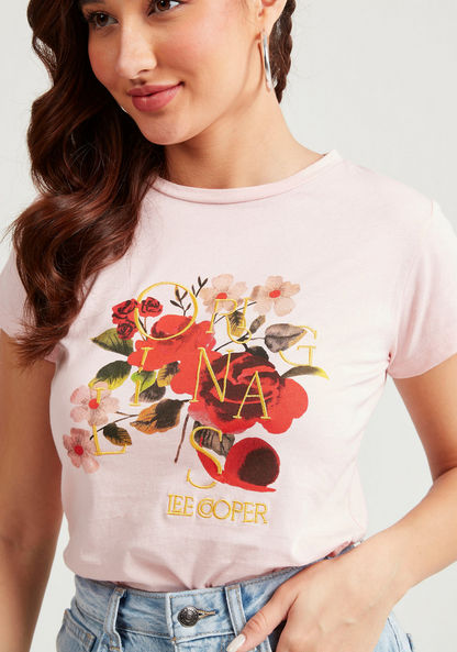 Lee Cooper Printed Crew Neck T-shirt with Cap Sleeves-T Shirts-image-2