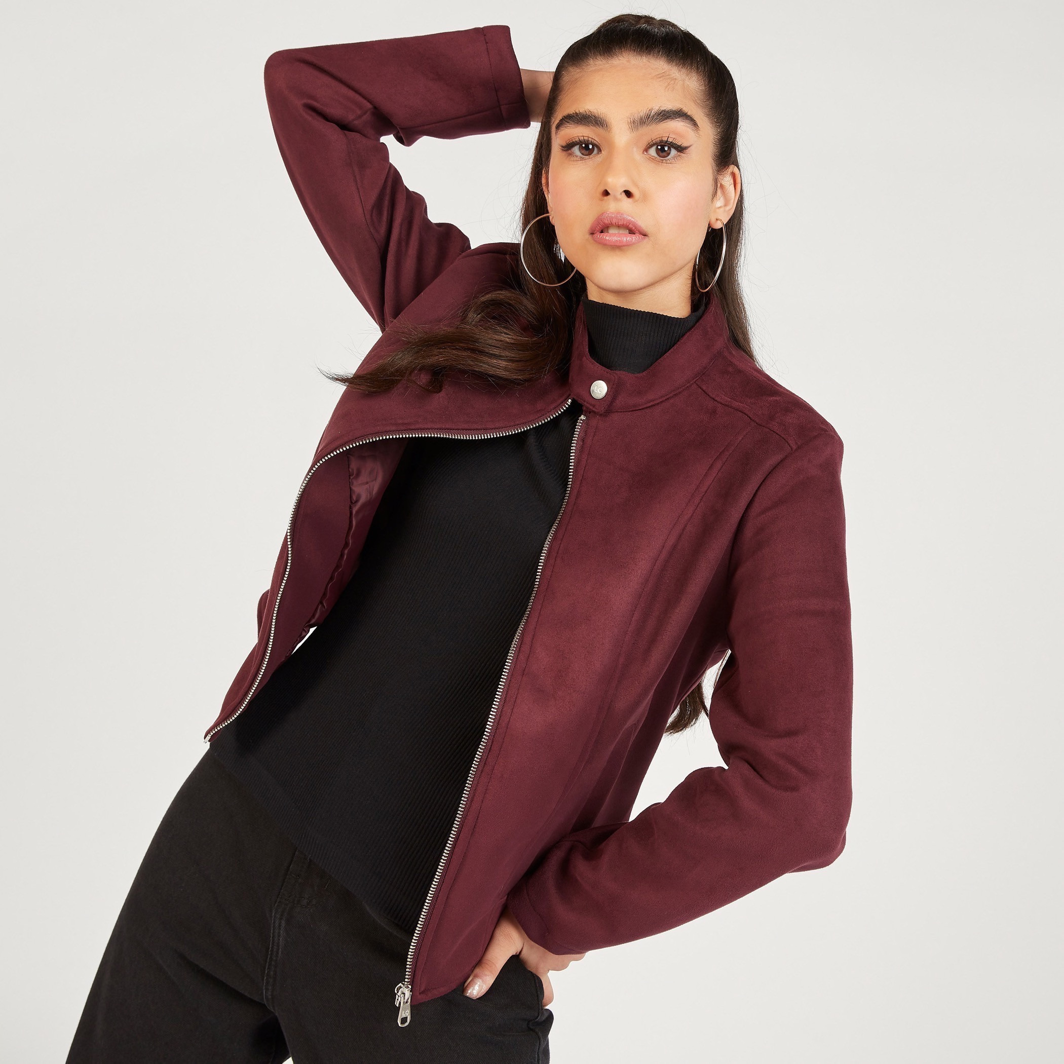 Lee Cooper Solid Biker Jacket with Zip Closure and Pockets-women-winterwear-coatsandjackets-jackets-image-1