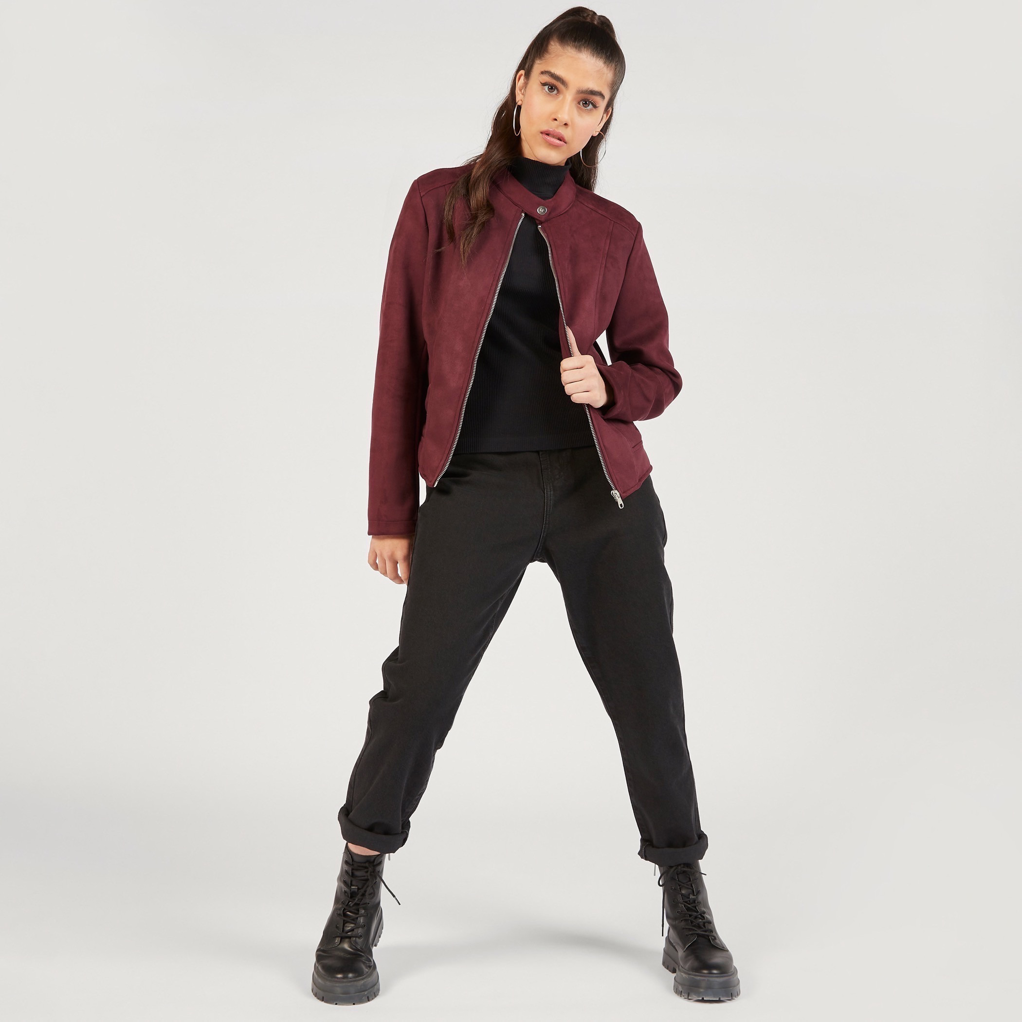 Lee Cooper Solid Biker Jacket with Zip Closure and Pockets-women-winterwear-coatsandjackets-jackets-image-2