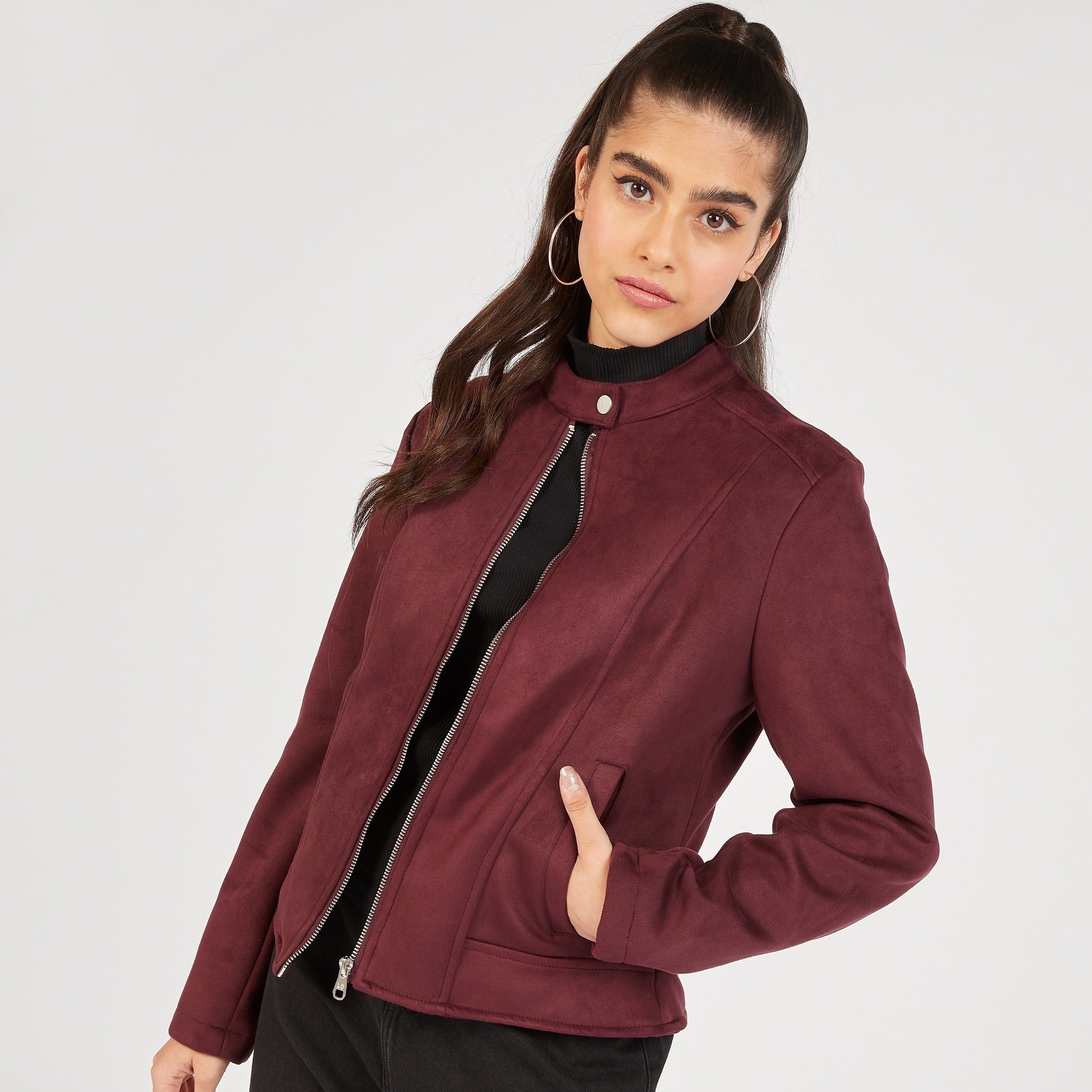 Lee Cooper Solid Biker Jacket with Zip Closure and Pockets-women-winterwear-coatsandjackets-jackets-image-5
