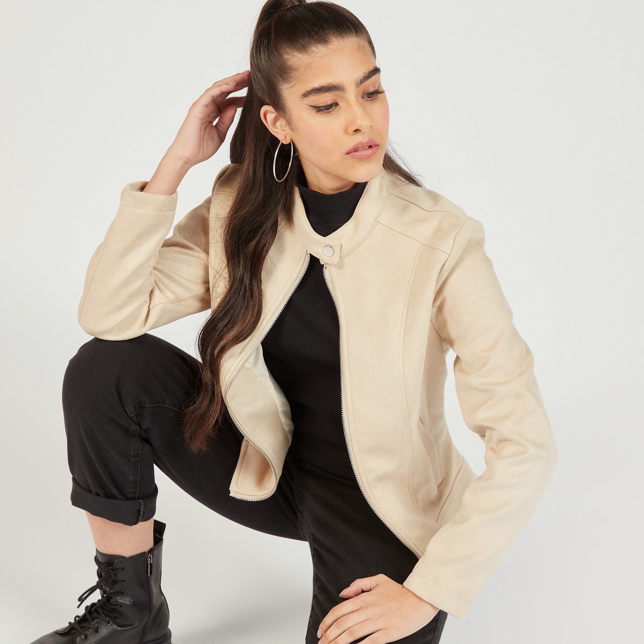 Lee Cooper Solid Biker Jacket with Zip Closure and Pockets-women-winterwear-coatsandjackets-jackets-image-7