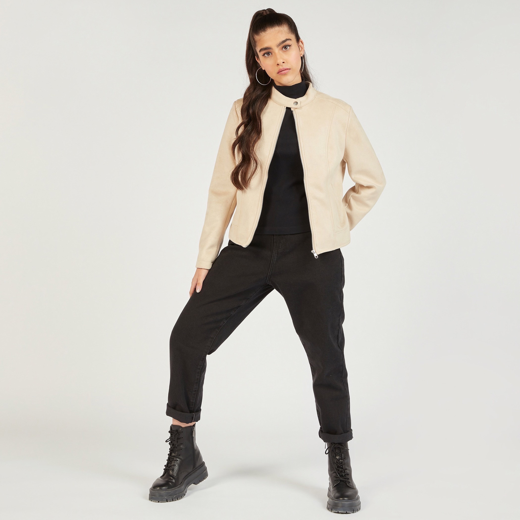 Lee Cooper Solid Biker Jacket with Zip Closure and Pockets-women-winterwear-coatsandjackets-jackets-image-8