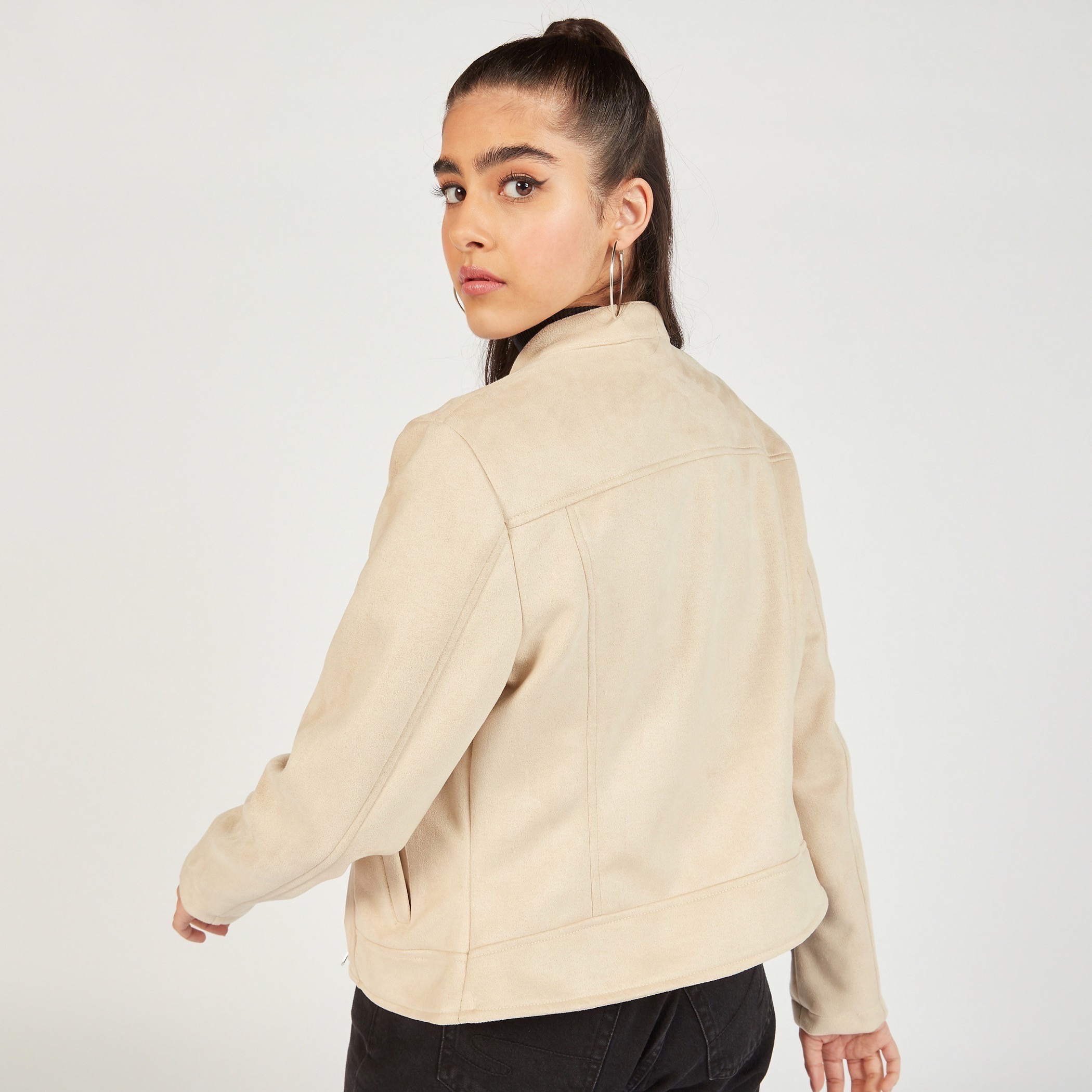 Lee Cooper Solid Biker Jacket with Zip Closure and Pockets-women-winterwear-coatsandjackets-jackets-image-10