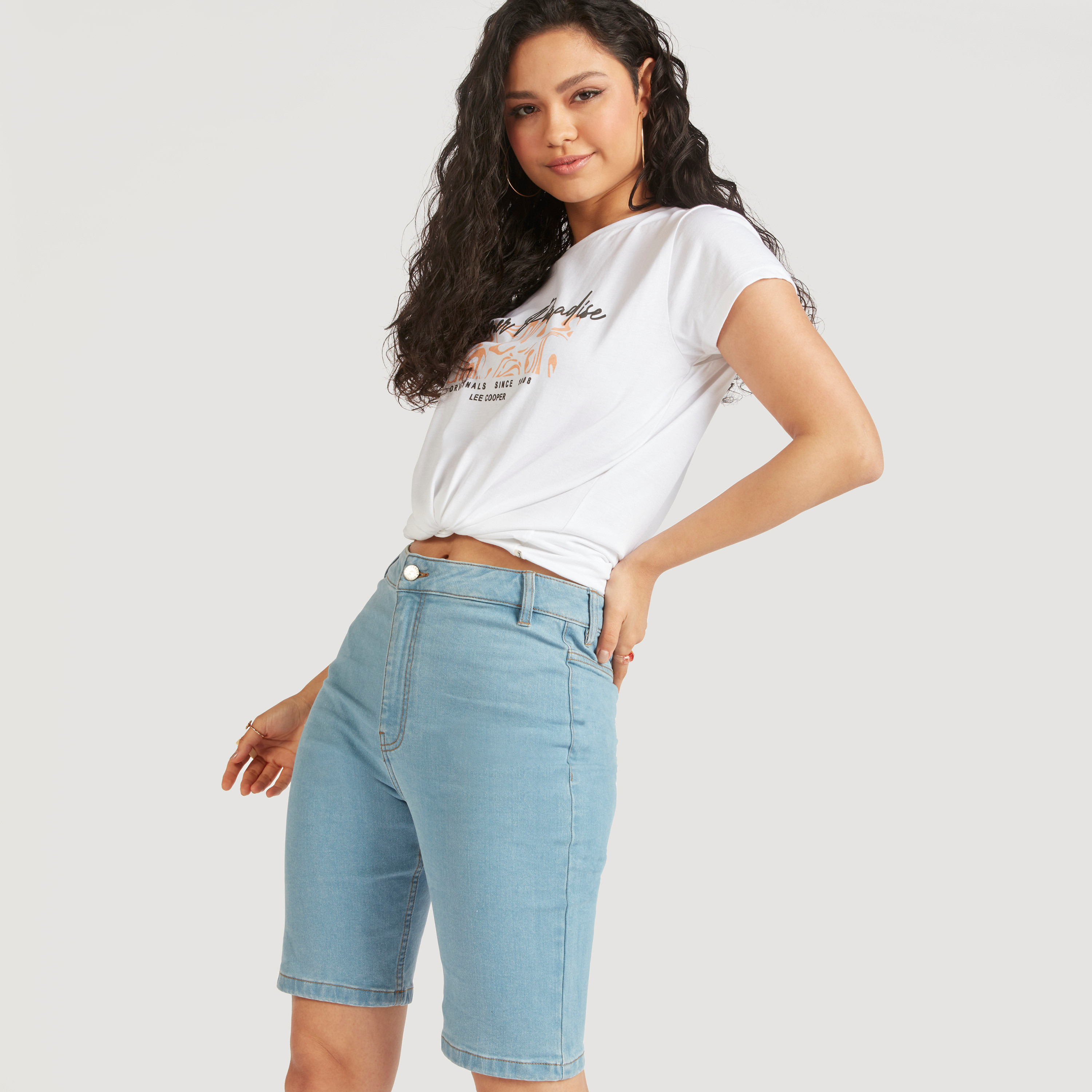 شورت ركوب درّاجات دنيم سادة بزر إغلاق من لي كوبر-women-clothing-bottoms-shorts-image-2