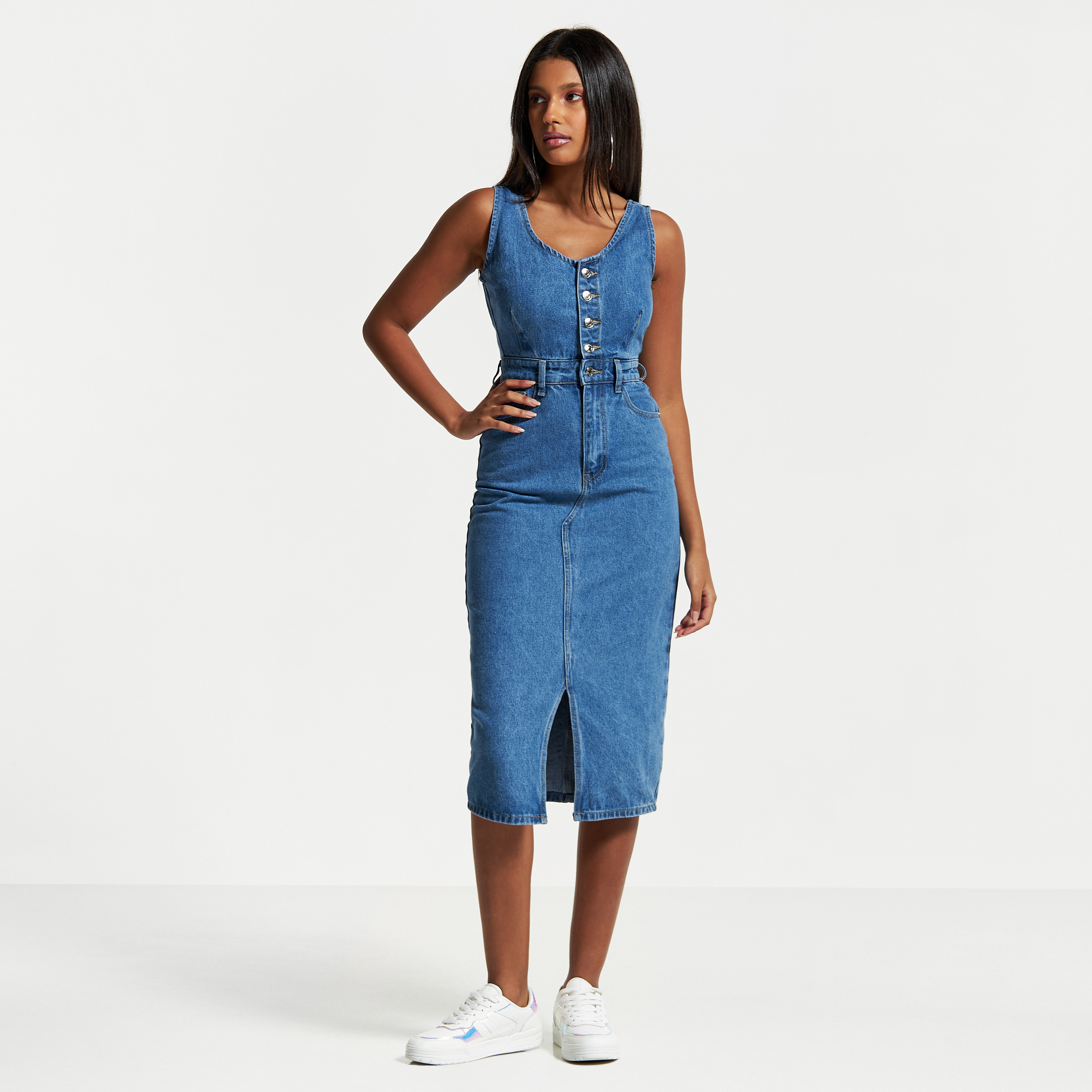 Buy LookbookStore Women's Blue Sleeveless V Neck Button Down Short Denim  Dress Size S at Amazon.in