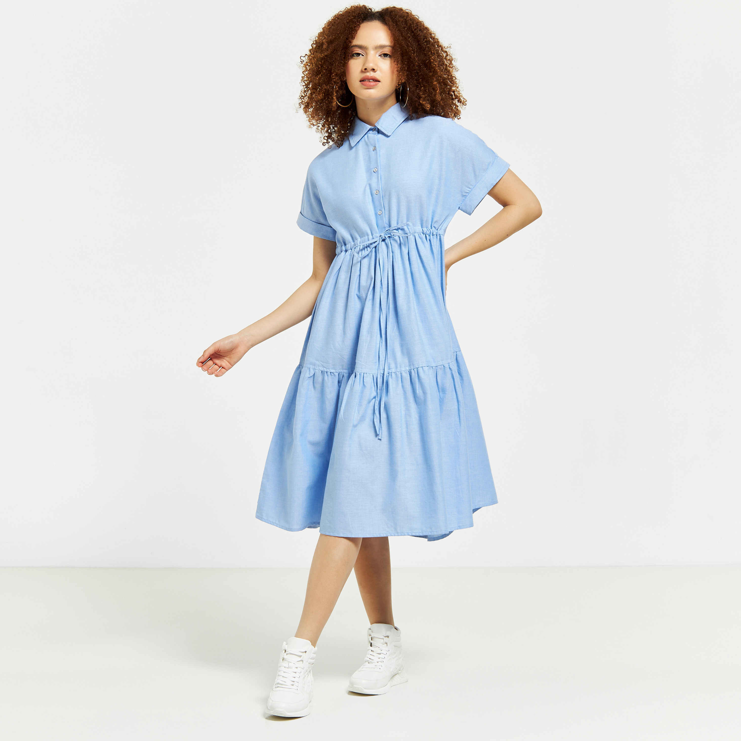 Buy Lee Cooper Solid Chambray Tiered Dress with Drawstring Closure