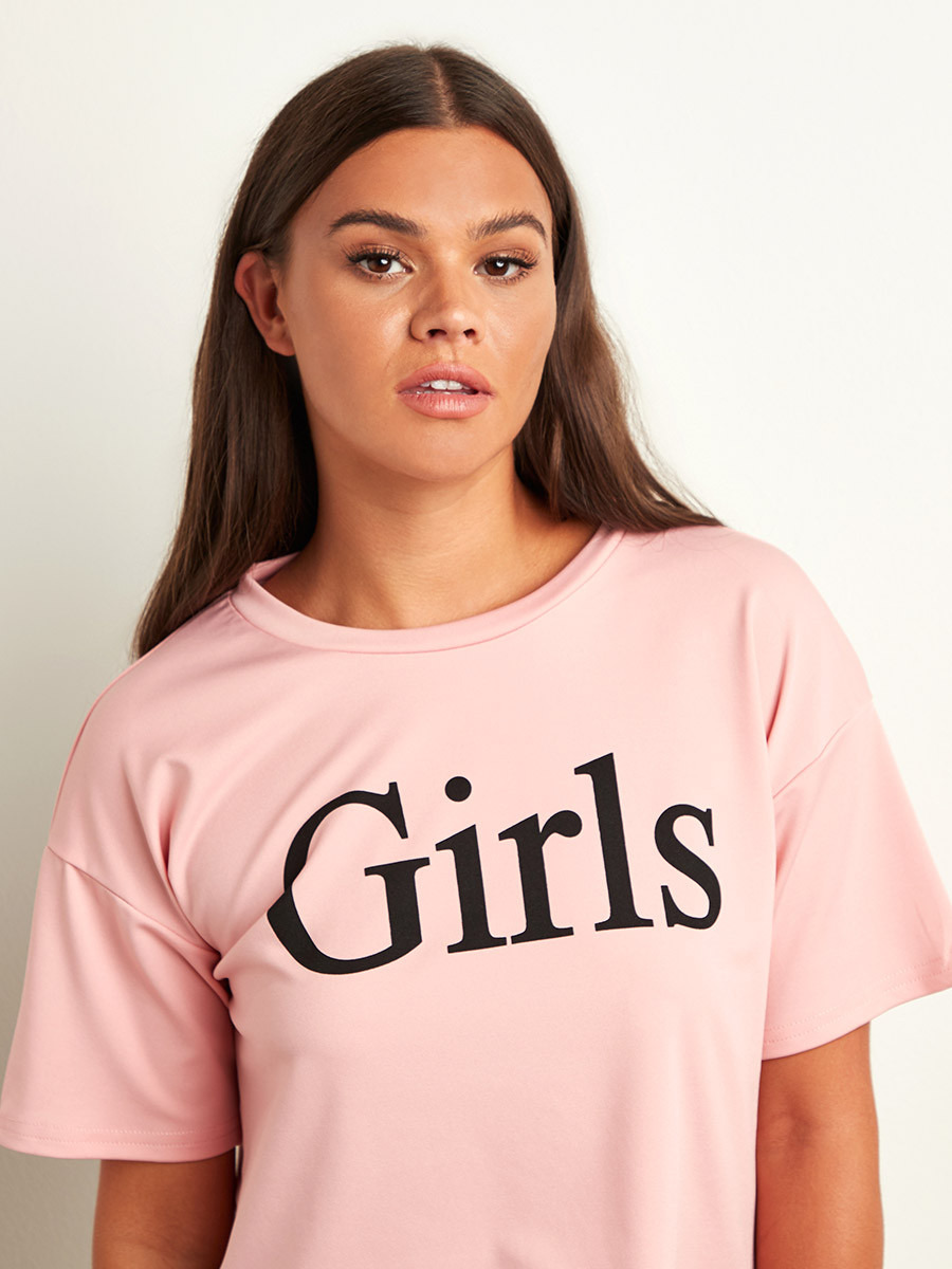 Styli Girls Run The World Slogan Printed T-shirt and Striped Panel Pants Lounge Set-women-clothing-nightwear-pyjamas-bottoms-image-2