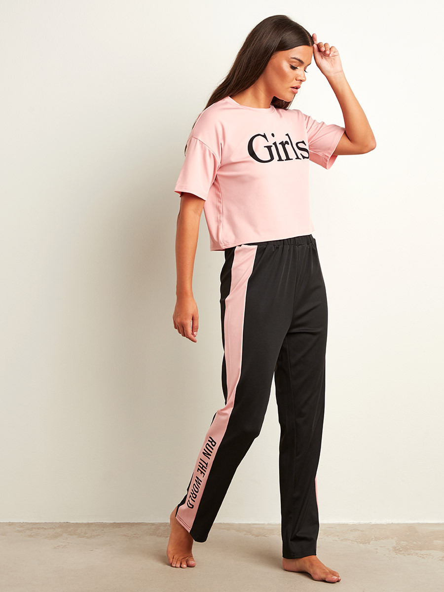 Styli Girls Run The World Slogan Printed T-shirt and Striped Panel Pants Lounge Set-women-clothing-nightwear-pyjamas-bottoms-image-4