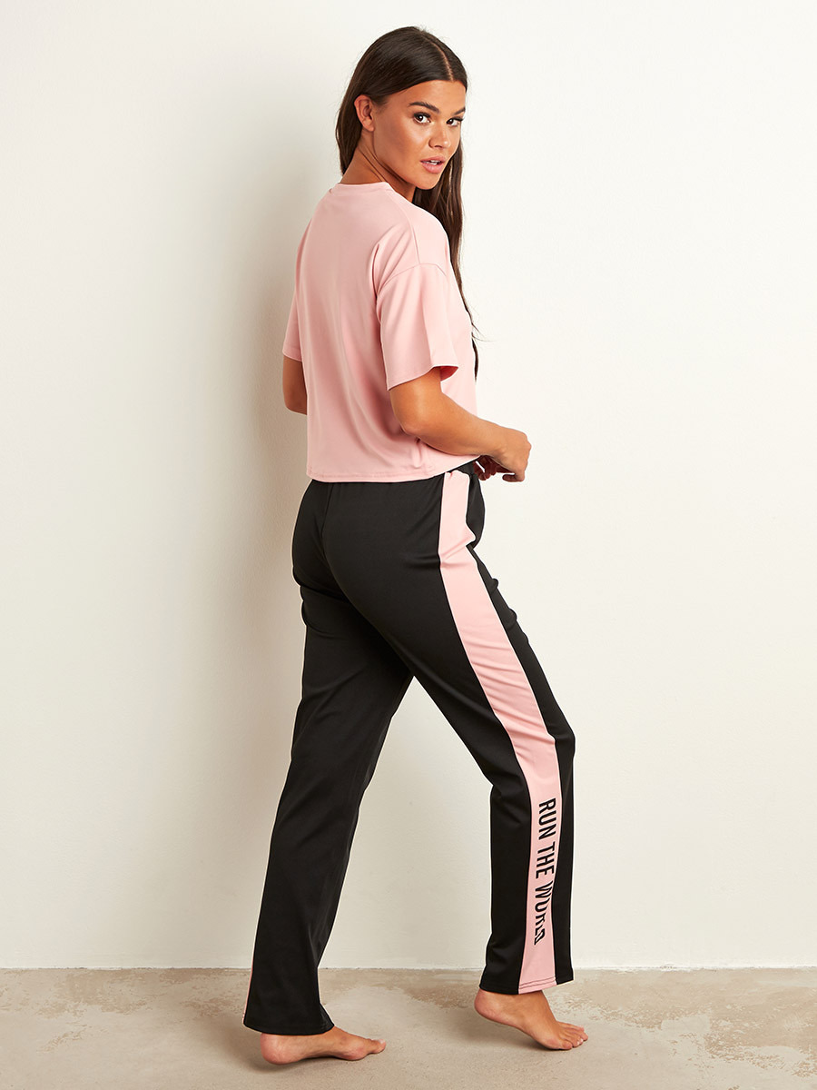 Styli Girls Run The World Slogan Printed T-shirt and Striped Panel Pants Lounge Set-women-clothing-nightwear-pyjamas-bottoms-image-5