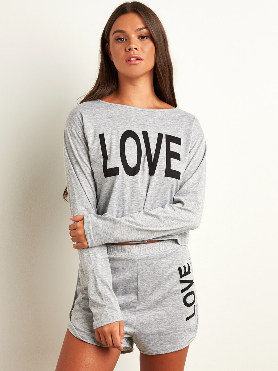 Styli Love Slogan Printed Long Sleeves T-shirt and Mini Shorts Set-women-clothing-nightwear-pyjamas-longsets-image-1