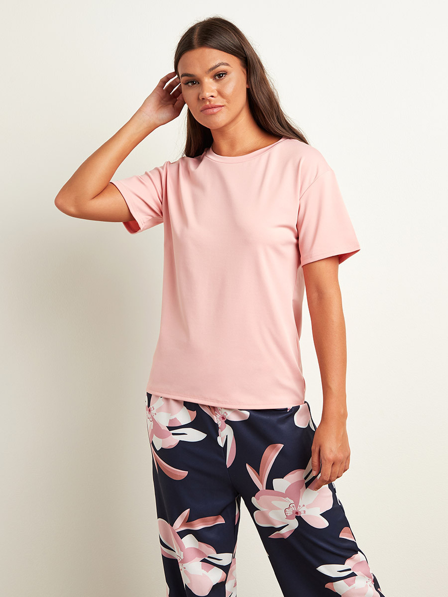 Styli Plain Short Sleeves T-shirt and Tropical Printed Wide Leg Pyjama Set-women-clothing-nightwear-pyjamas-longsets-image-2