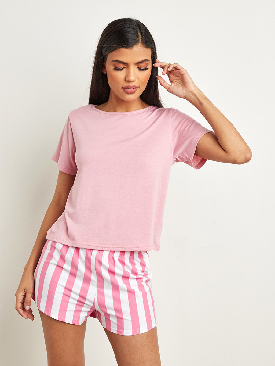Styli Plain T-shirt and Striped Shorts Set-women-clothing-nightwear-pyjamas-longsets-image-1