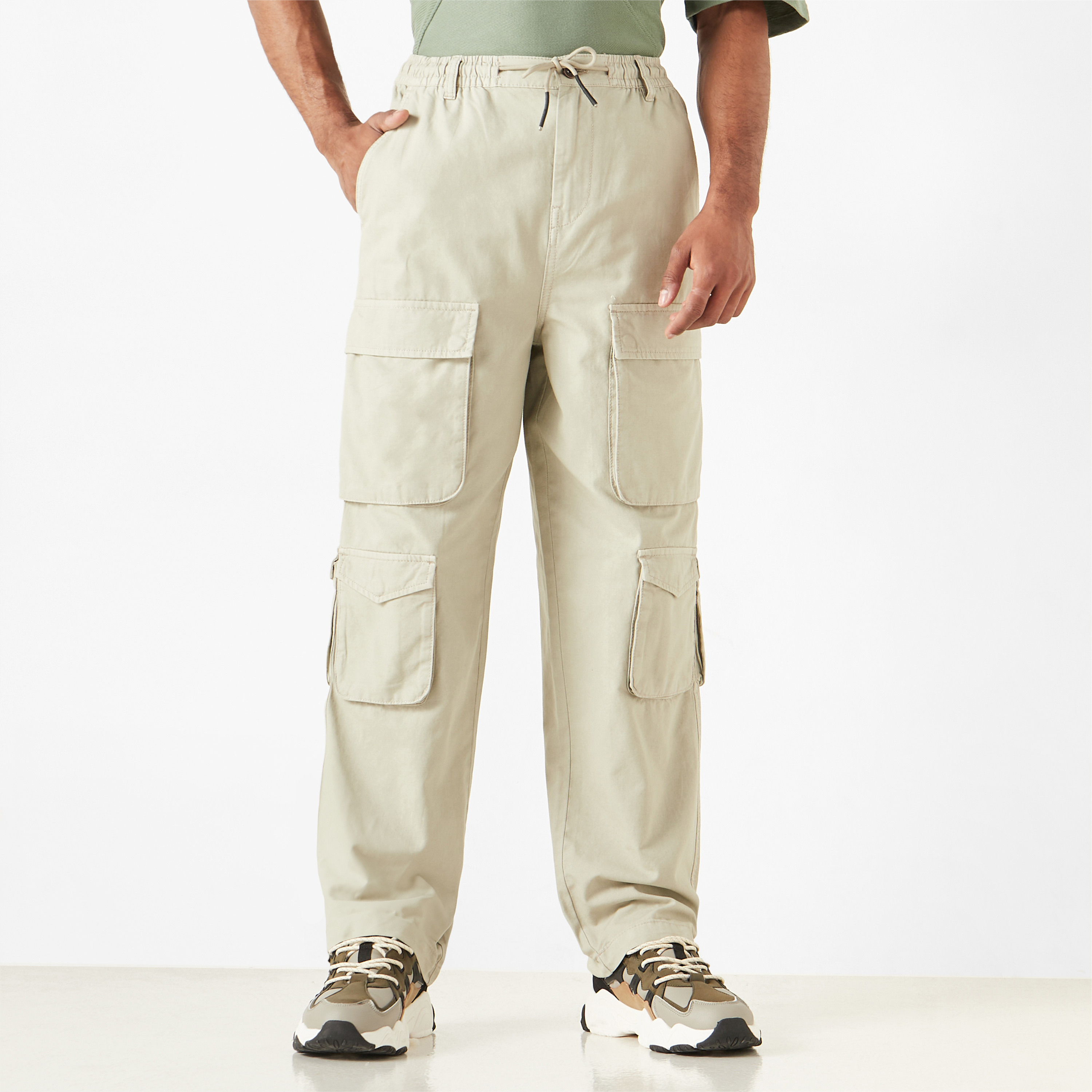 Lee Cooper Solid Relaxed Fit Cargo Pants with Drawstring Closure-men-clothing-bottoms-joggers-image-1