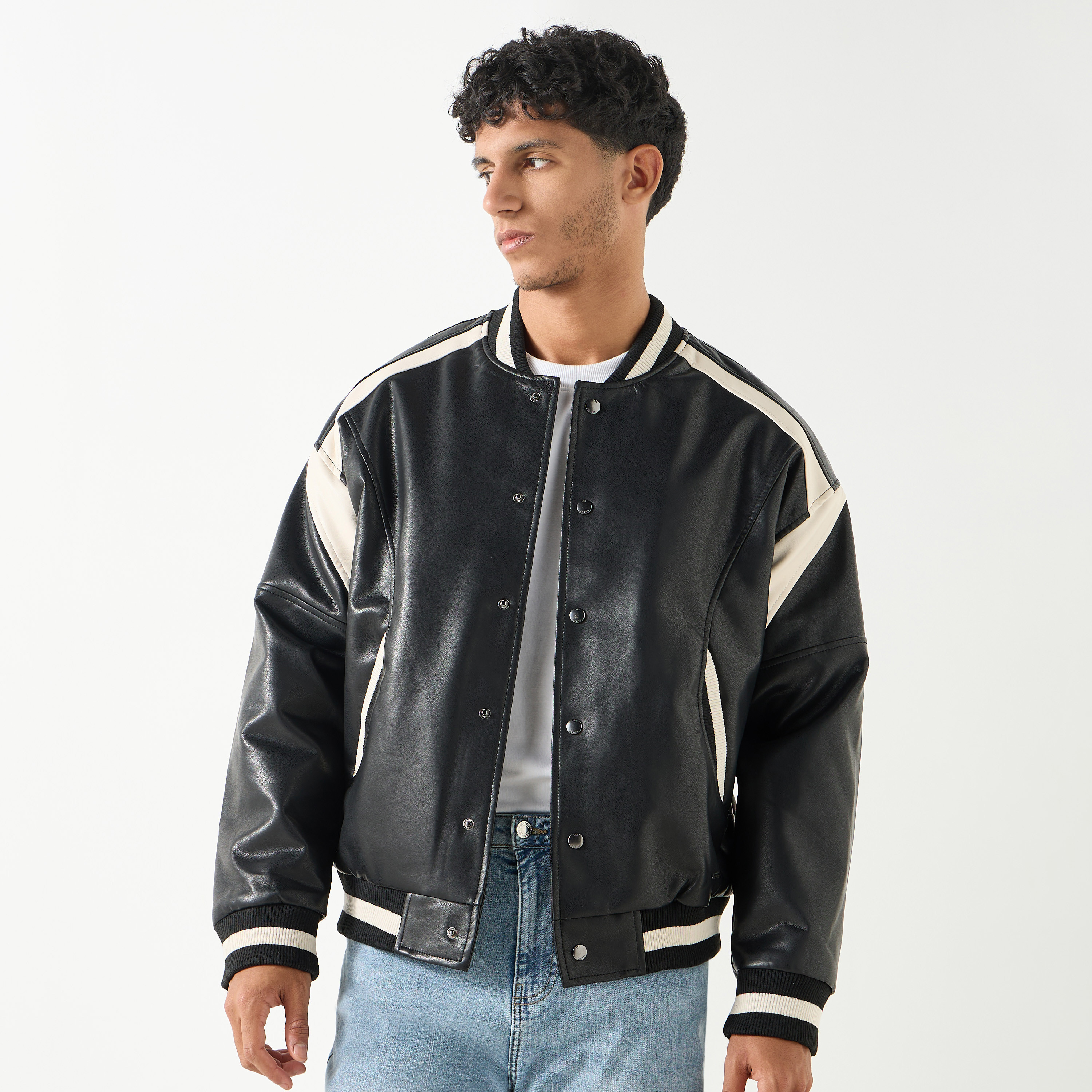 Shop Lee Cooper Colourblock Bomber Jacket with Button Closure and Long Sleeves Online Splash UAE