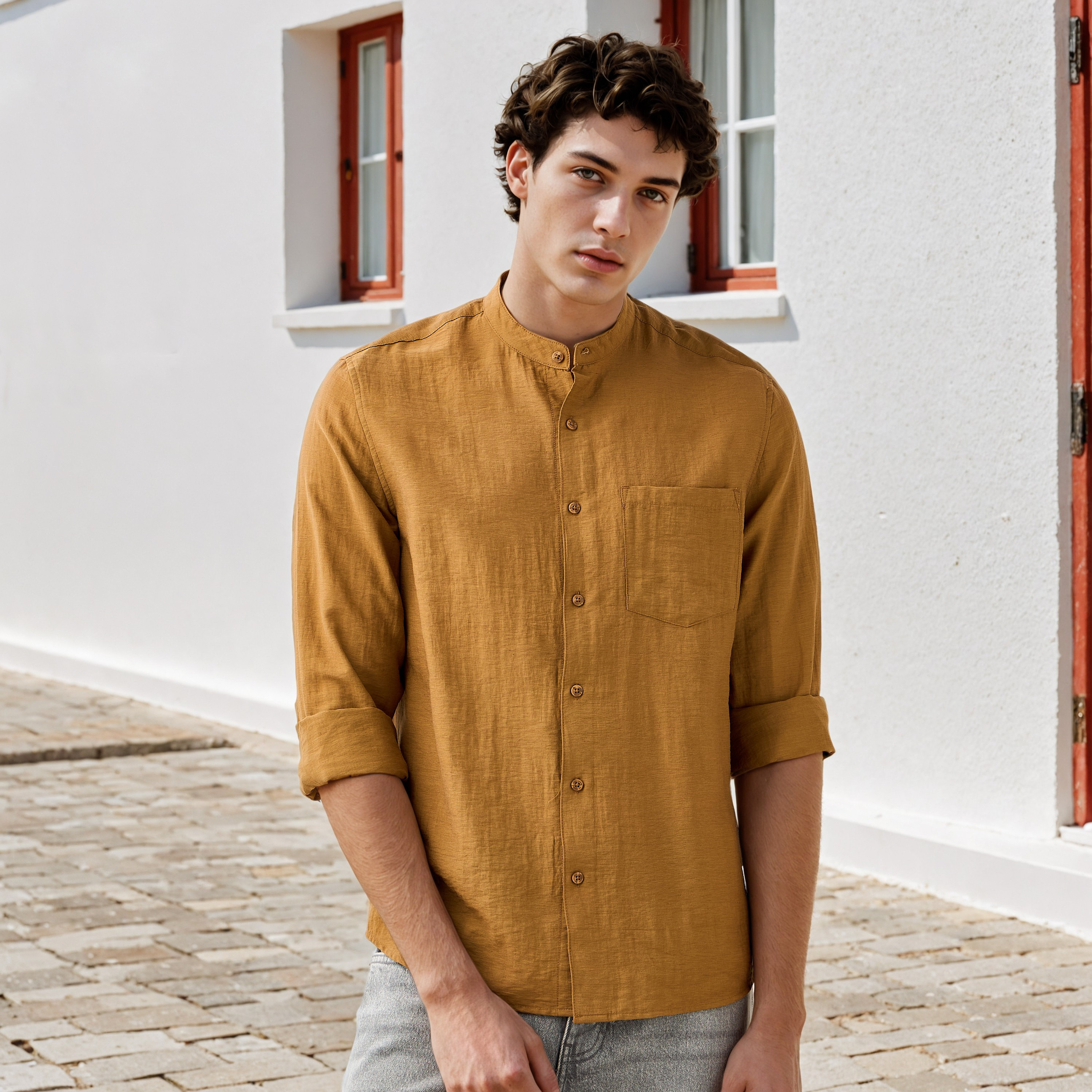 Lee Cooper Regular Fit Linen Blend Shirt with Mandarin Collar-men-clothing-shirts-image-1