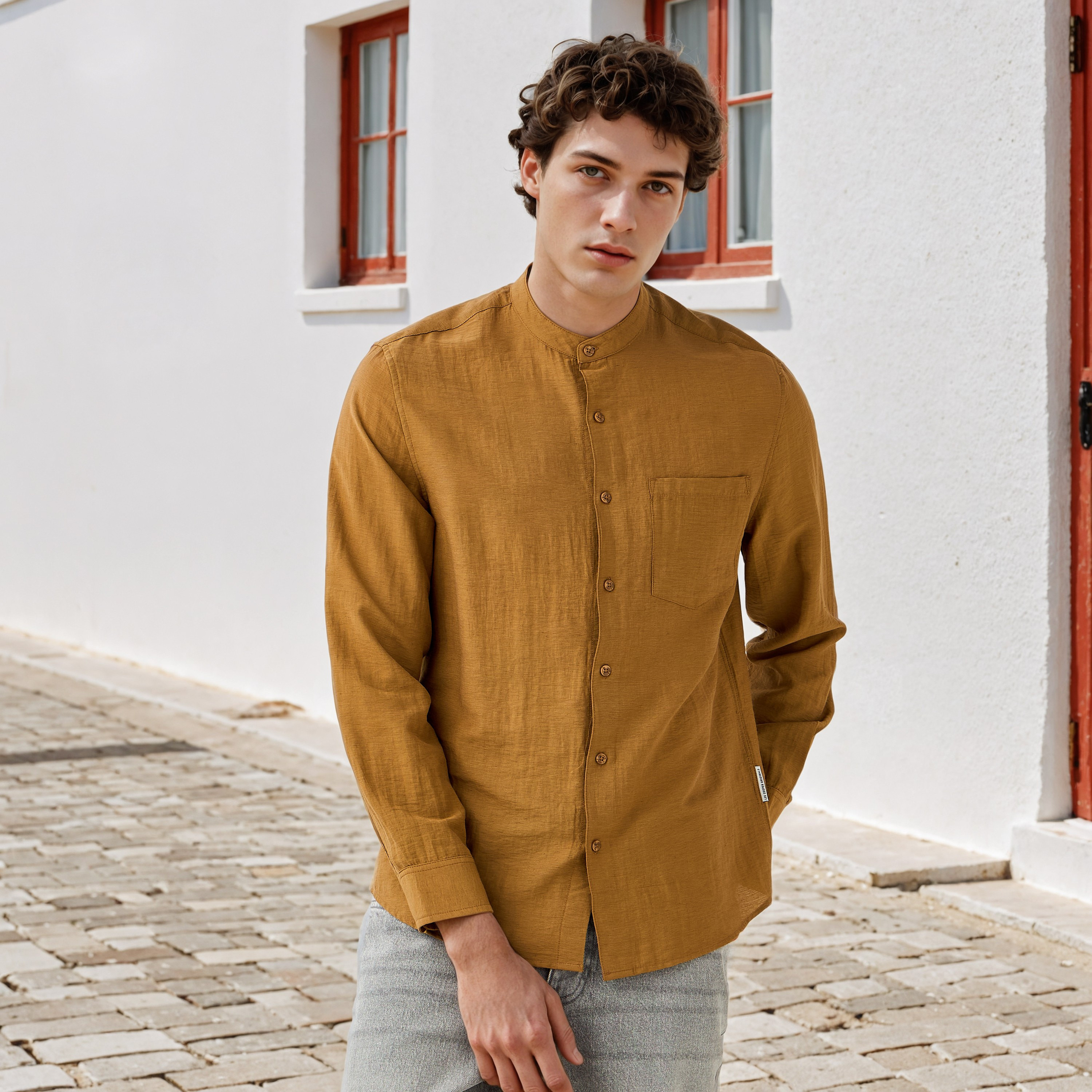 Lee Cooper Regular Fit Linen Blend Shirt with Mandarin Collar-men-clothing-shirts-image-6