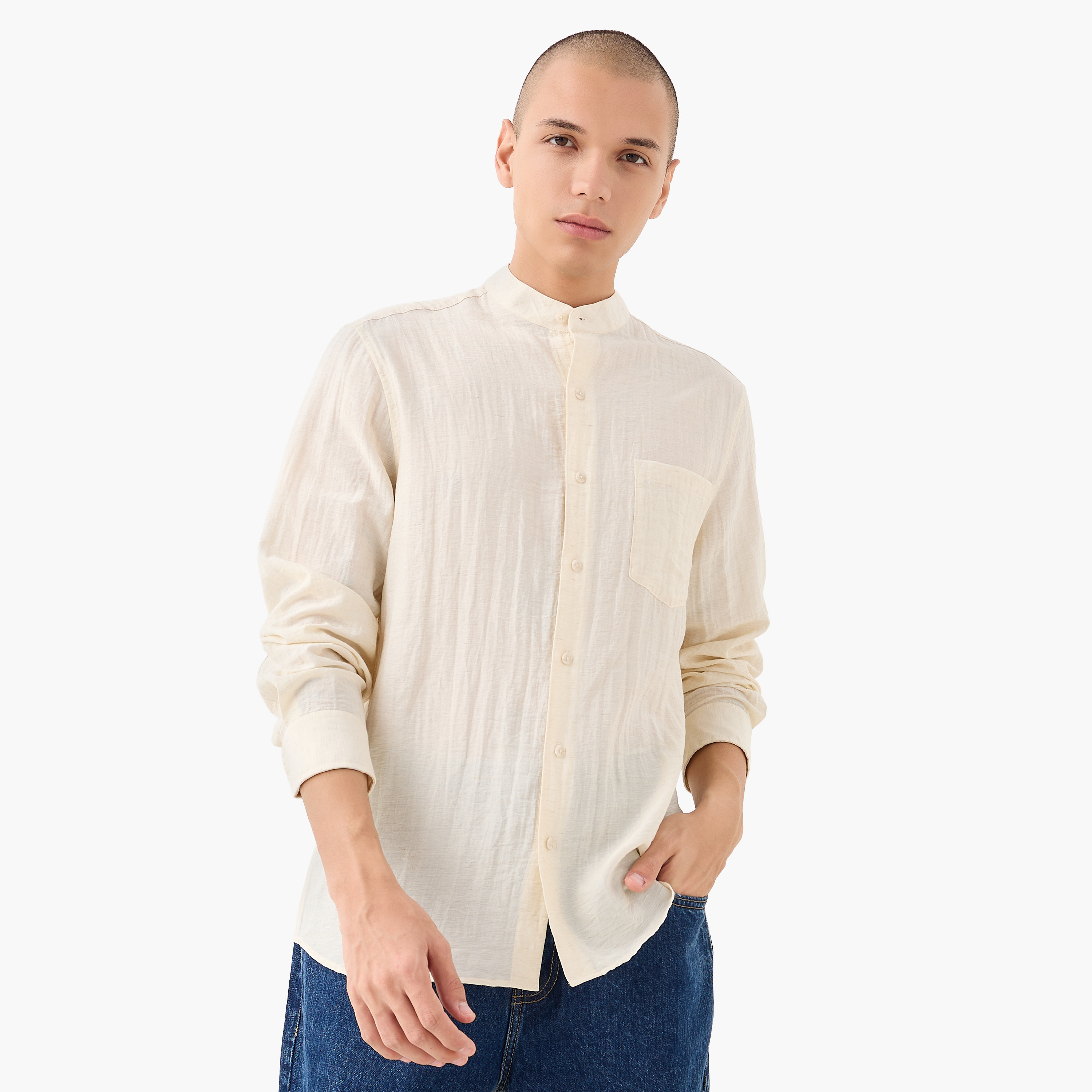 قميص بقصّة عادية وياقة ماندارين من لي كوبر-men-clothing-shirts-image-1