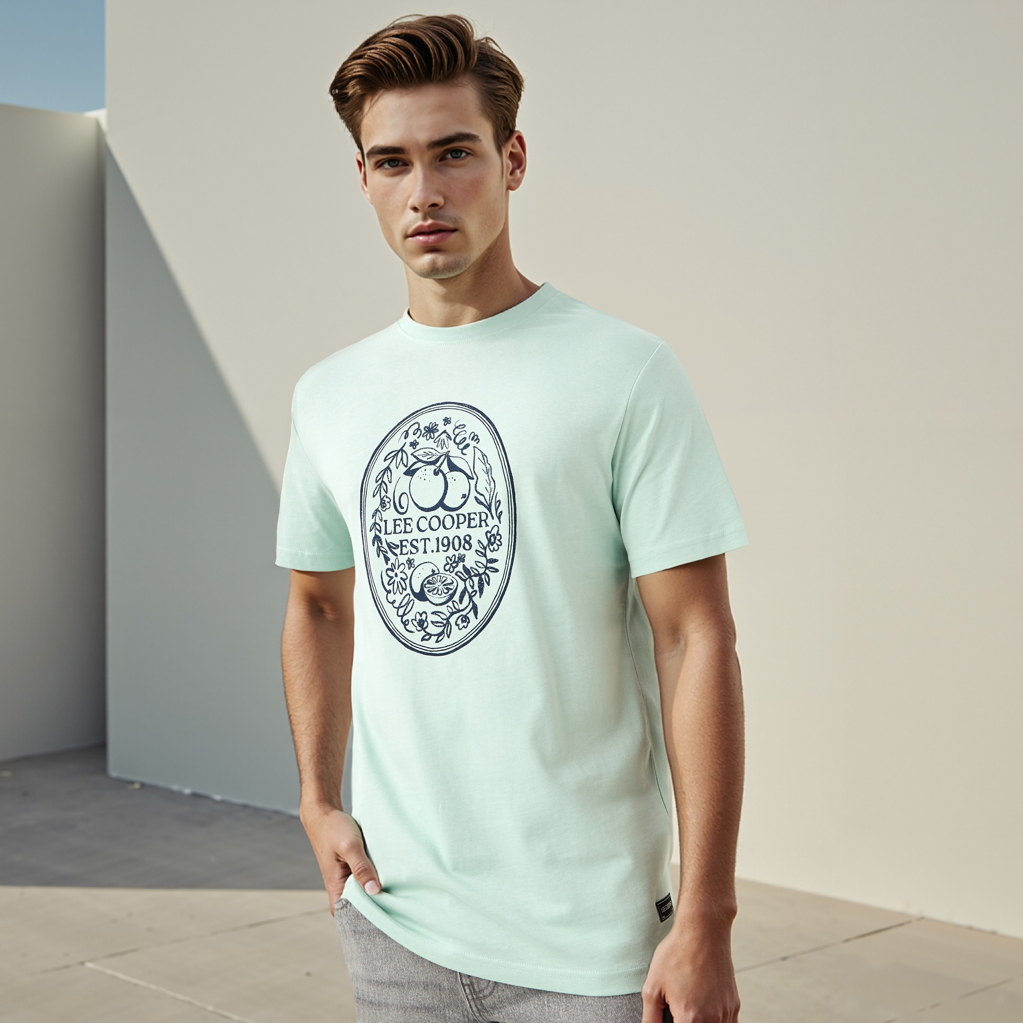تيشيرت بطبعات تايبوجرافيك وياقة ضيقة من لي كوبر-men-clothing-tshirtsandpolos-tshirts-image-1