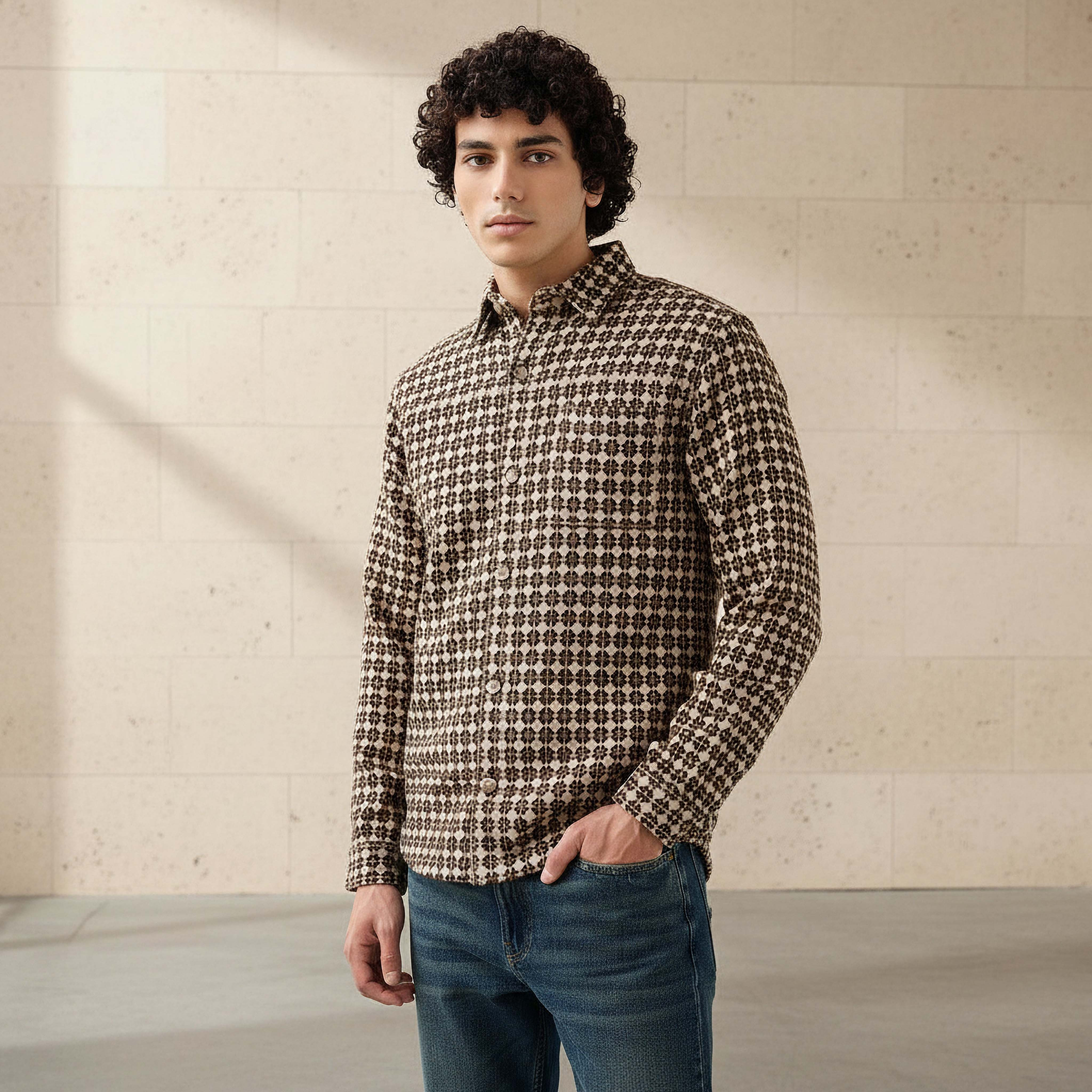 Lee Cooper Men Regular Fit Collared Geometric Print Long Sleeve Shirt-men-clothing-shirts-image-1