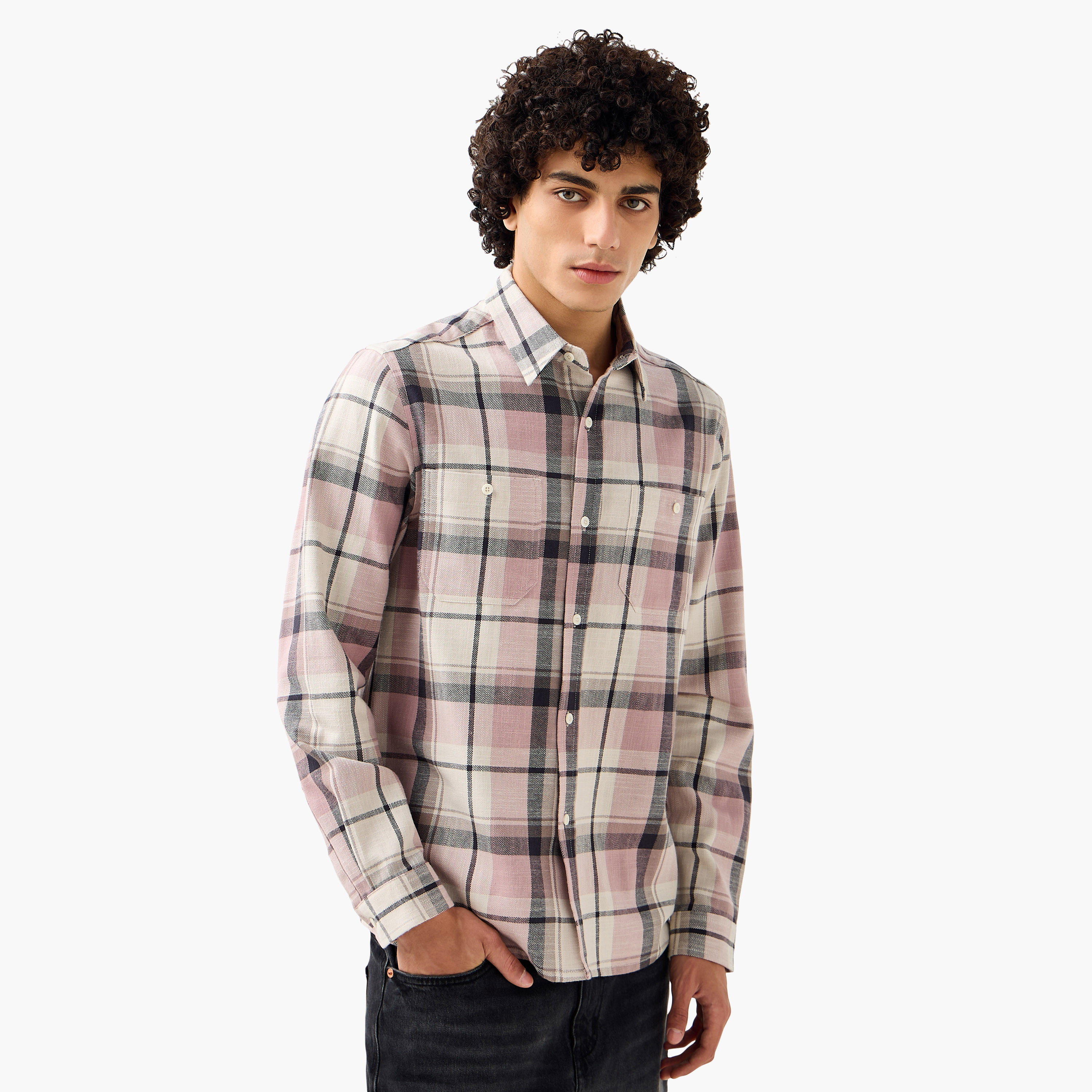 قميص كاروهات بياقة وقصة عادية وأكمام طويلة للرجال من لي كوبر-men-clothing-shirts-image-1