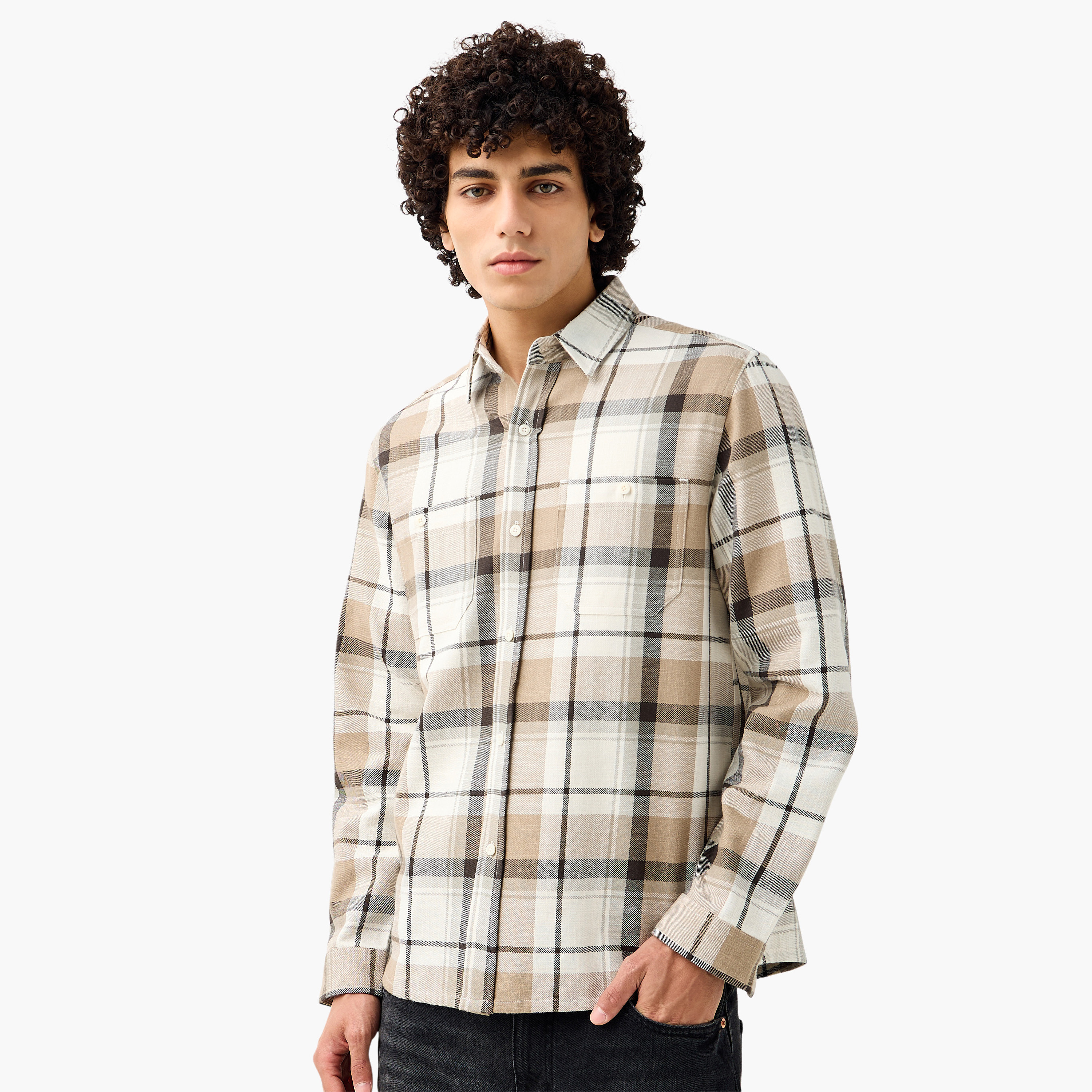 قميص كاروهات بياقة وقصة عادية وأكمام طويلة للرجال من لي كوبر-men-clothing-shirts-image-1