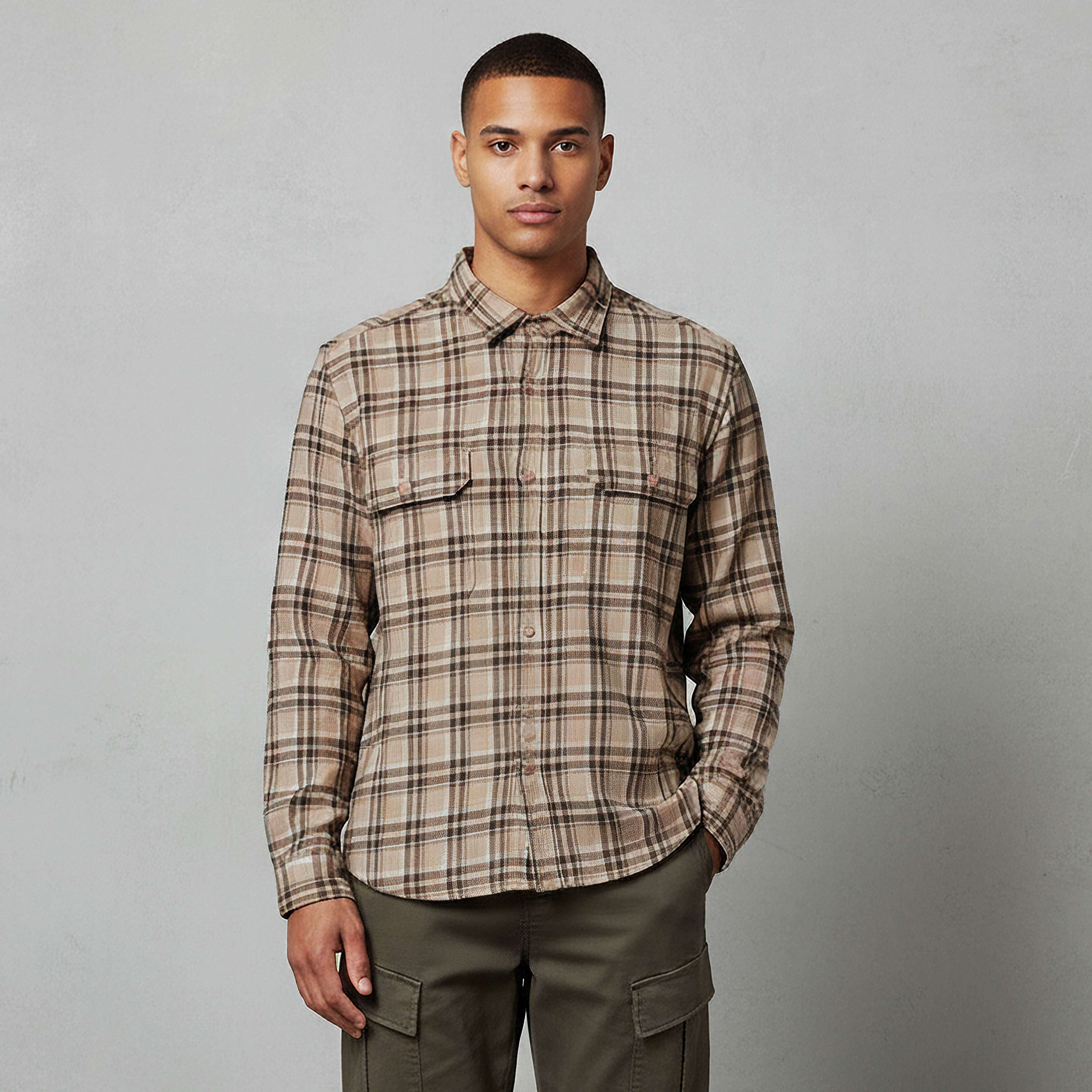 قميص رجالي كاروهات بأكمام طويلة وياقة عادية من لي كوبر-men-clothing-shirts-image-1