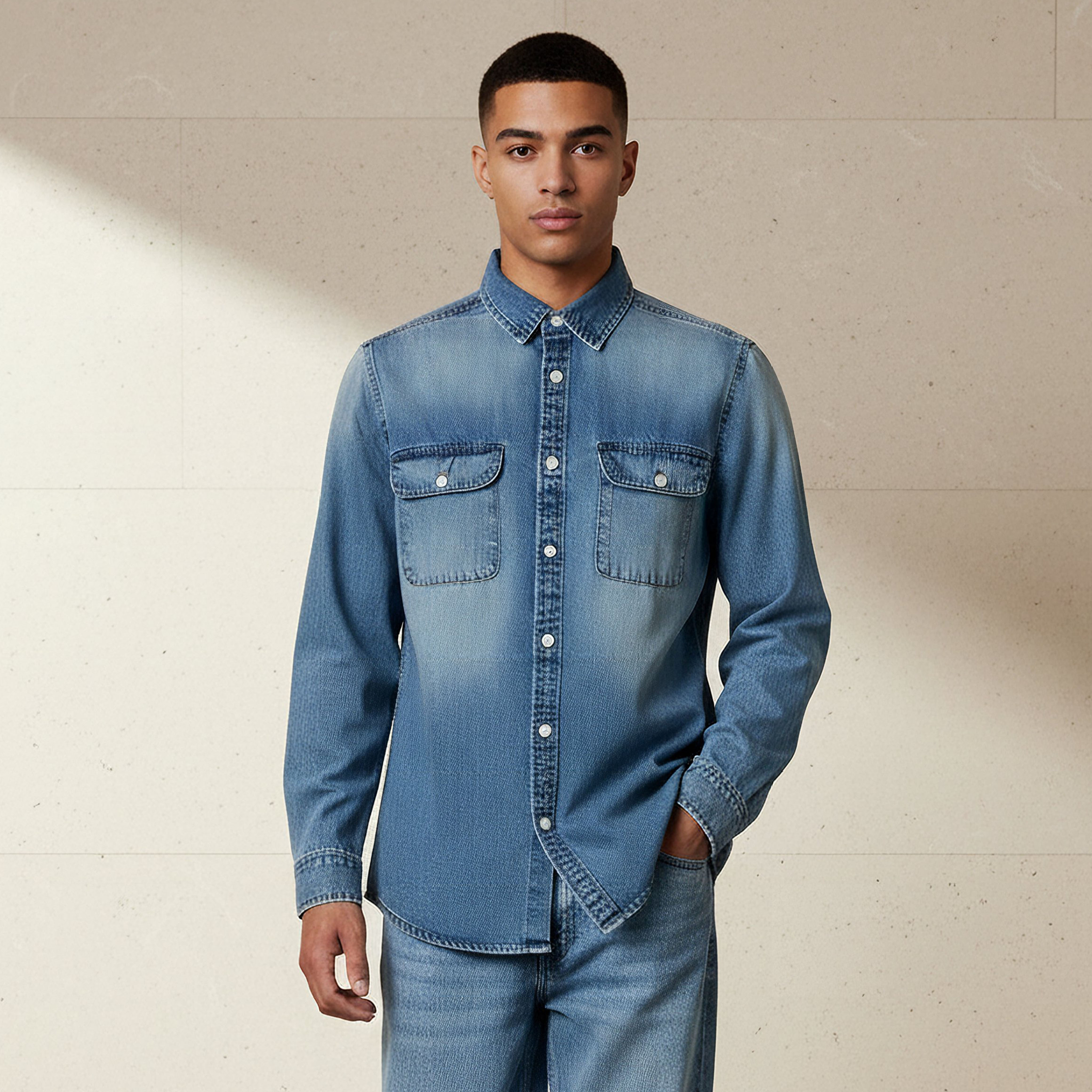 Lee Cooper Men Regular Fit Collared Long Sleeves Reef Denim Shirt-men-clothing-shirts-image-1