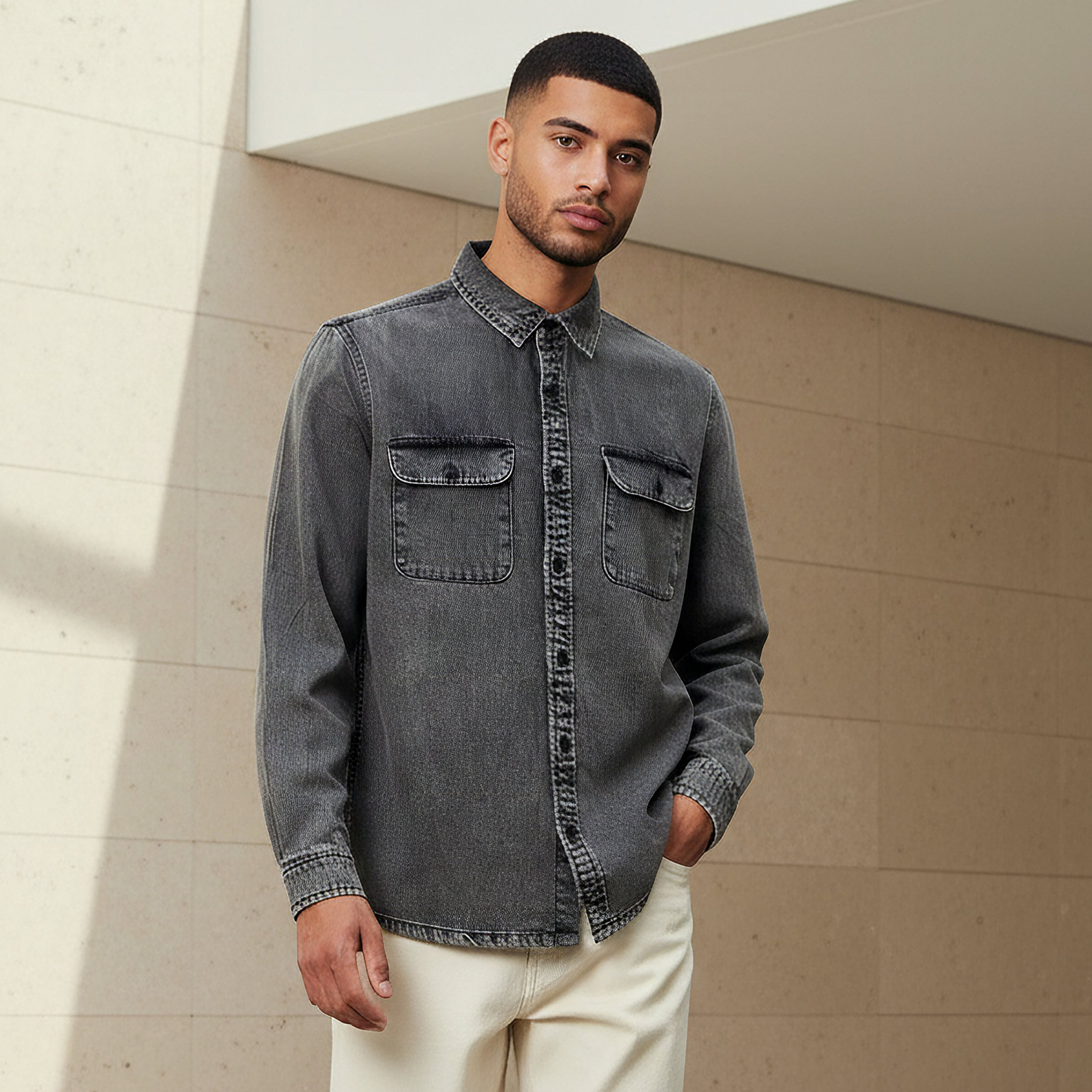 Lee Cooper Men Regular Fit Collared Long Sleeves Reef Denim Shirt-men-clothing-shirts-image-1