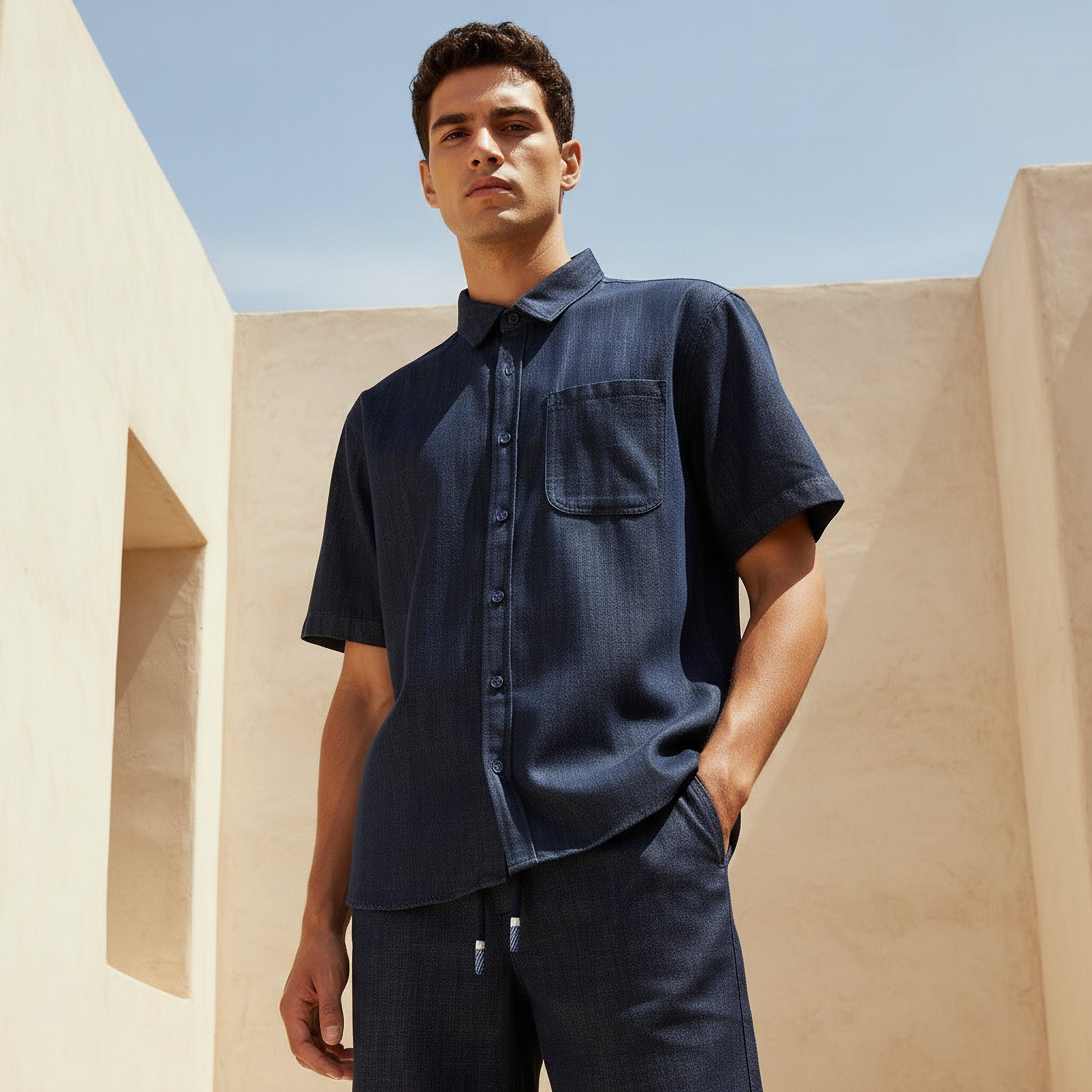 Lee Cooper Men Regular Fit Collared Textured Denim Shirt-men-clothing-shirts-image-1
