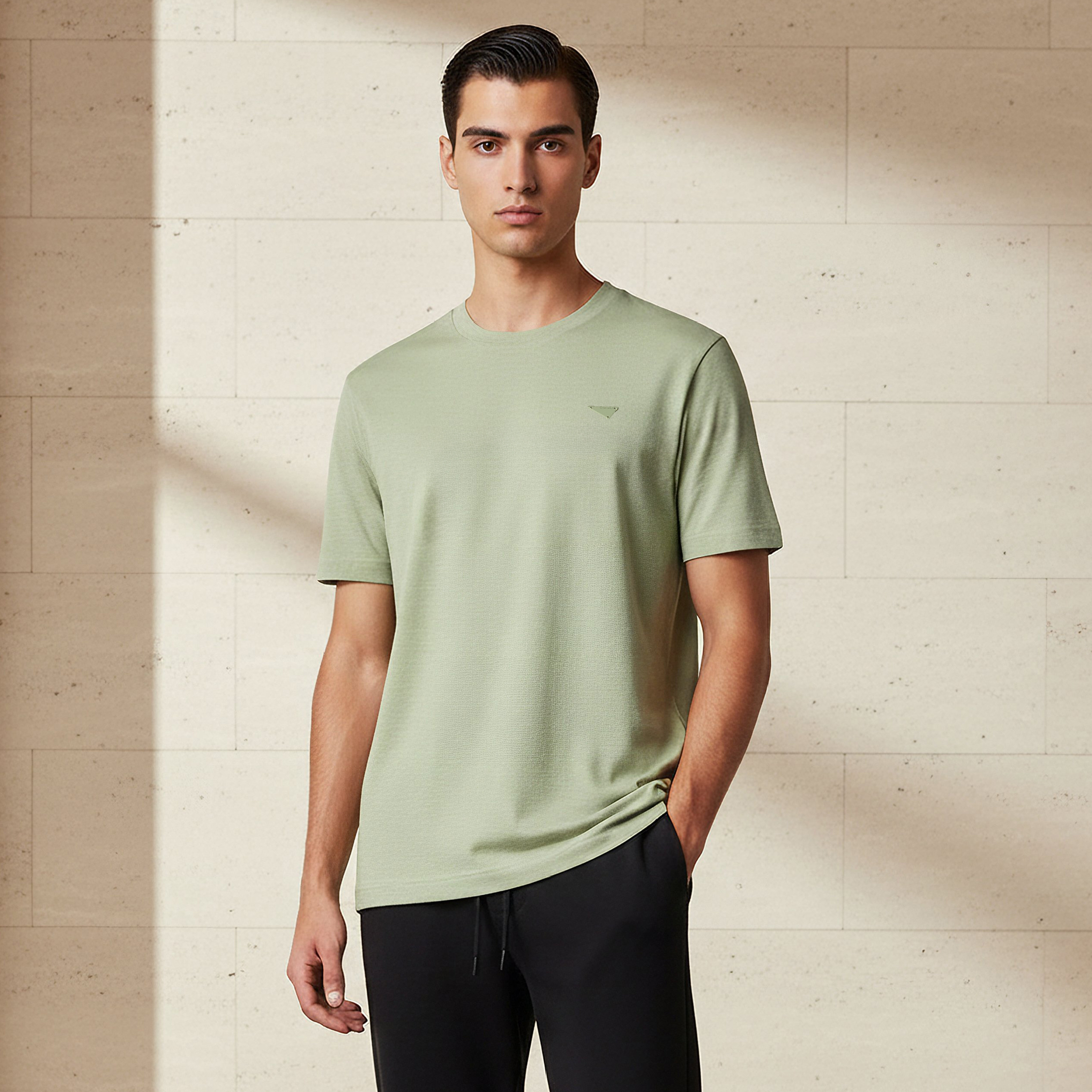 تيشيرت رجالي بياقة ضيقة وقصة عادية وأكمام قصيرة وزينة رقعة من لي كوبر-men-clothing-tshirtsandpolos-tshirts-image-1