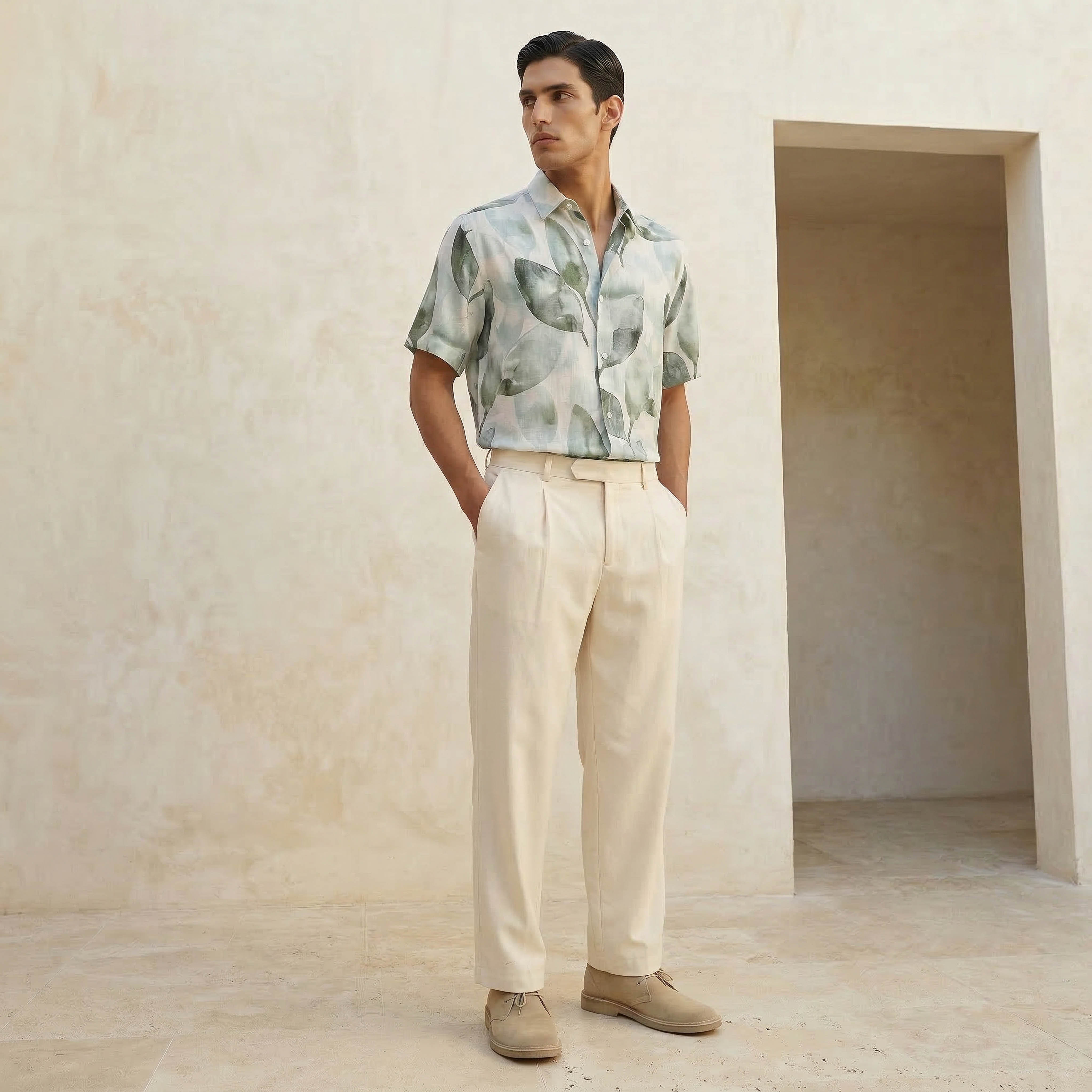 قميص بطبعات أوراق شجر وياقة وقصة عادية وأكمام قصيرة للرجال من لي كوبر-men-clothing-shirts-image-3