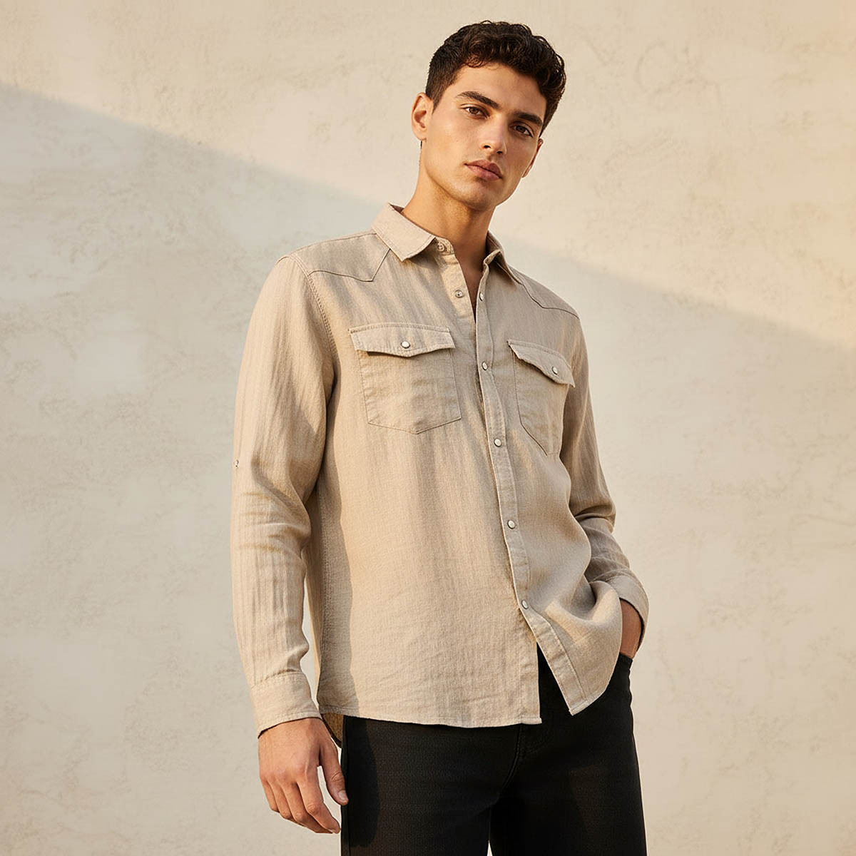 Lee Cooper Men Regular Fit Collared Long Sleeves Linen Shirt-men-clothing-shirts-image-1