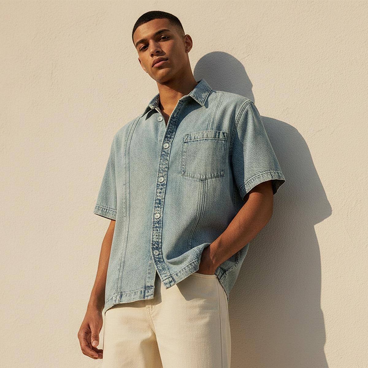 قميص دينم بقصة عادية وياقة من لي كوبر-men-clothing-shirts-image-2