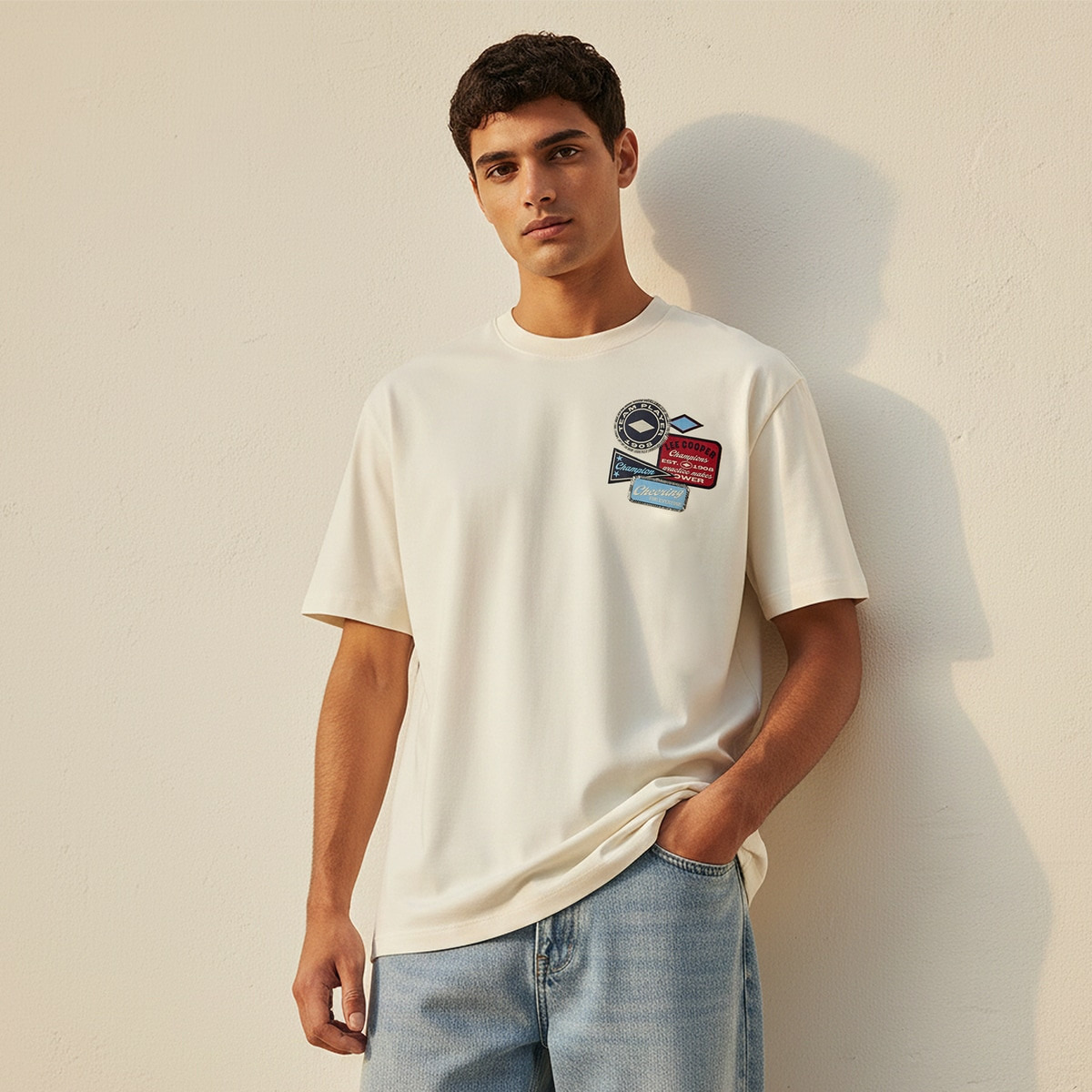 تيشيرت بياقة دائرية وأكمام قصيرة مع رقعة شعار من لي كوبر-men-clothing-tshirtsandpolos-tshirts-image-1