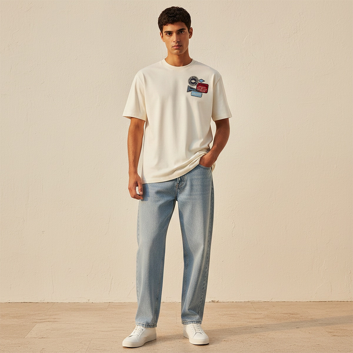 تيشيرت بياقة دائرية وأكمام قصيرة مع رقعة شعار من لي كوبر-men-clothing-tshirtsandpolos-tshirts-image-3