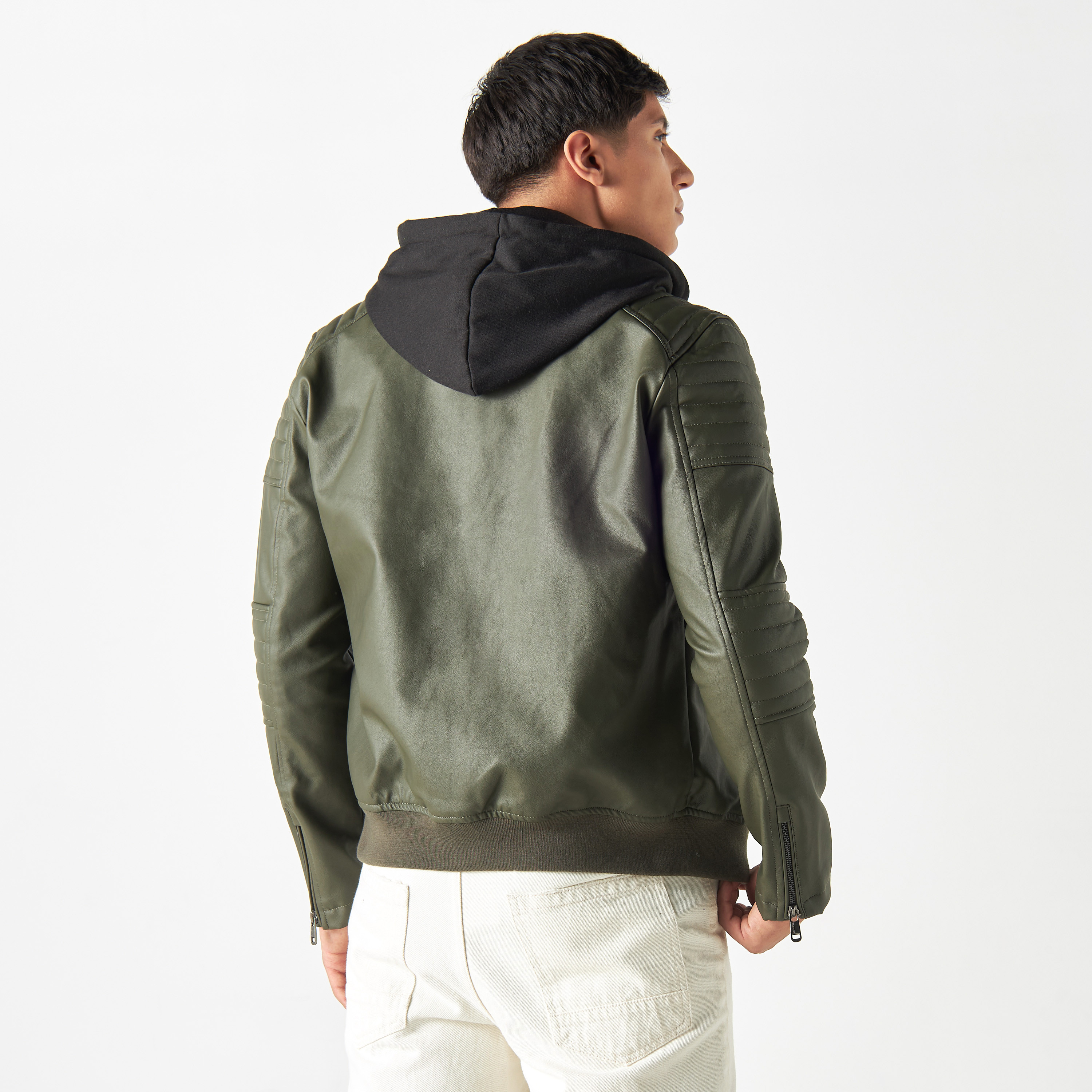 Shop Lee Cooper Textured Zip Through Bomber Jacket with Hood and Long Sleeves Online Splash UAE