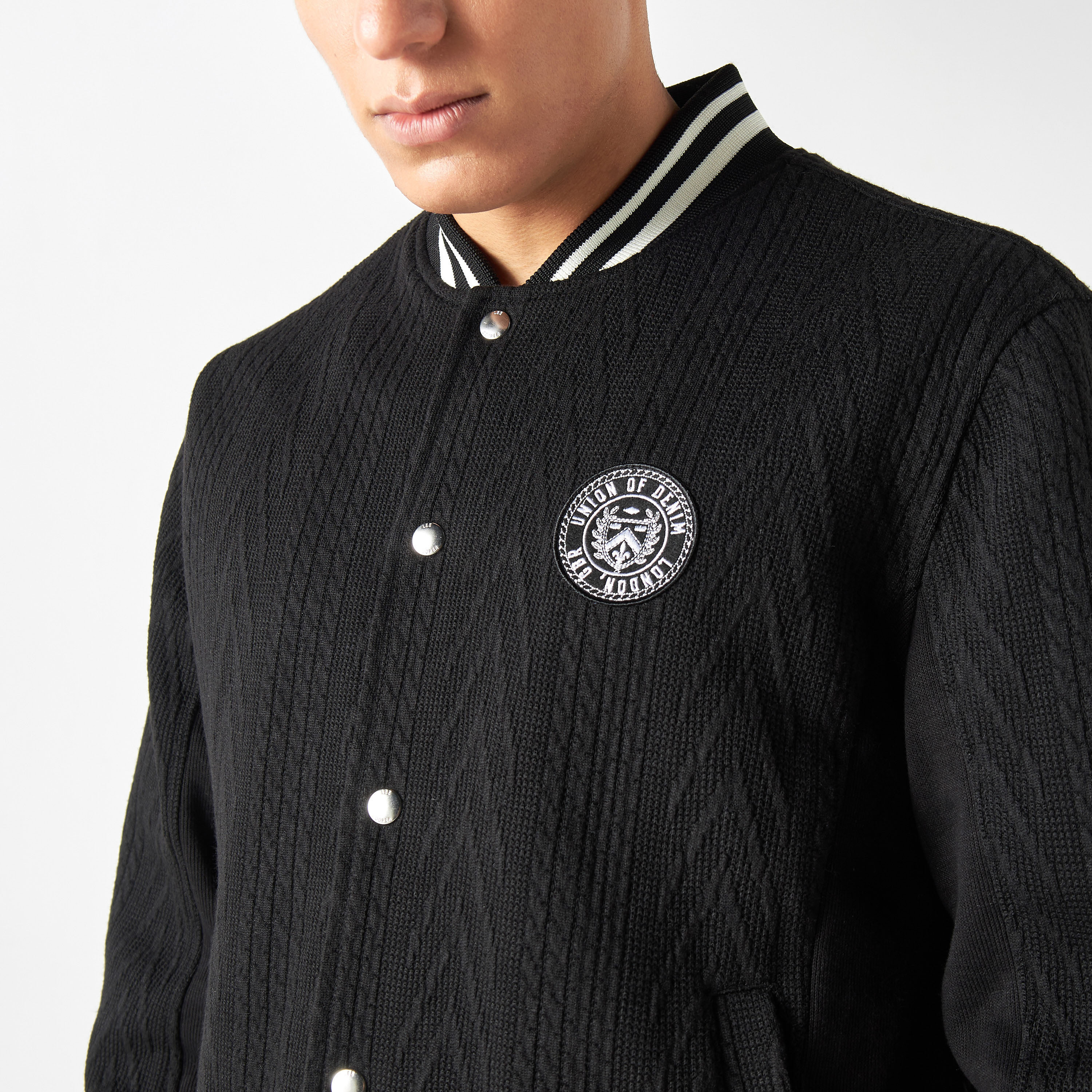 Buy Men s Lee Cooper Textured Varsity Jacket with Long Sleeves and Pockets Online Centrepoint Bahrain