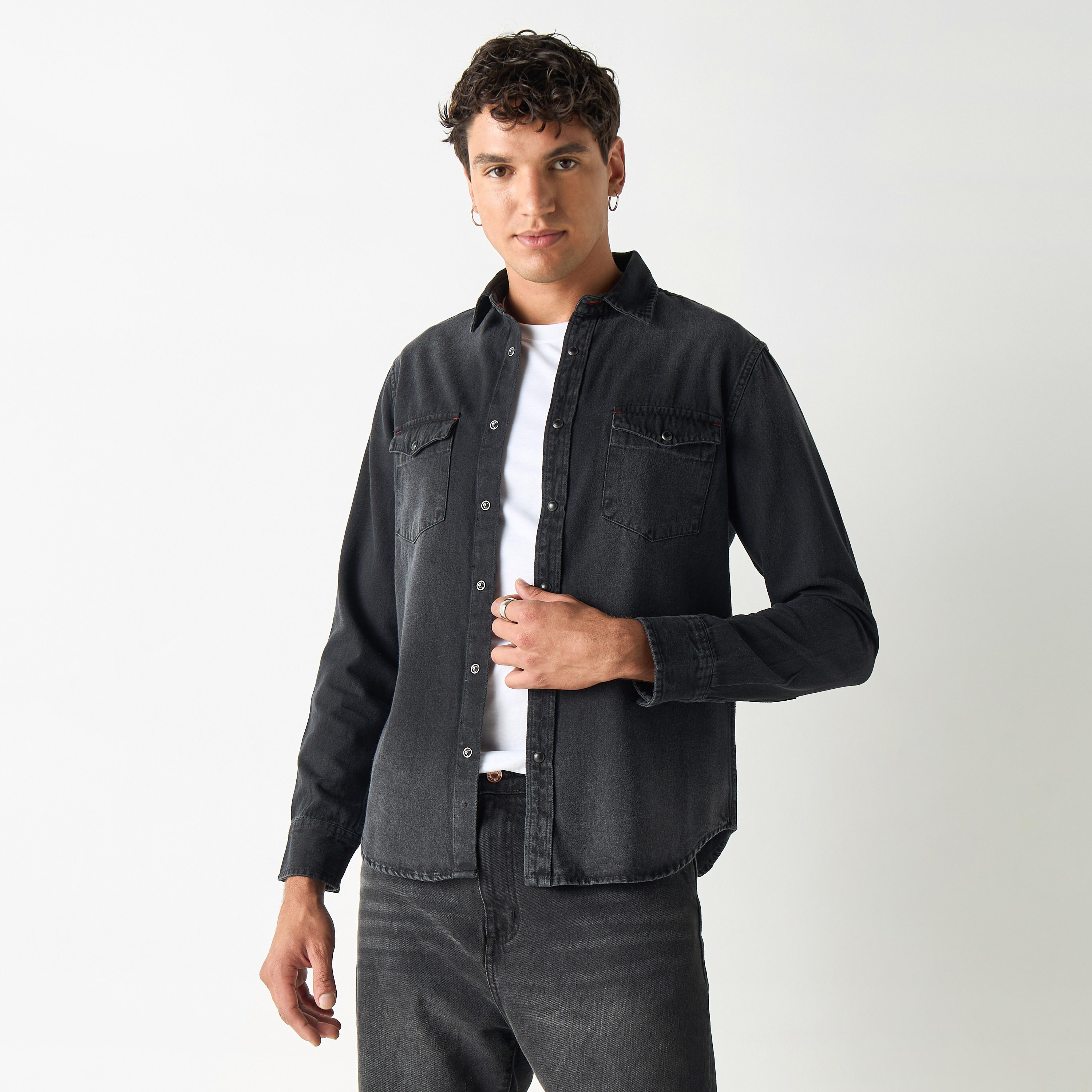 Shop Lee Cooper Denim Shirt with Long Sleeves and Pockets Online